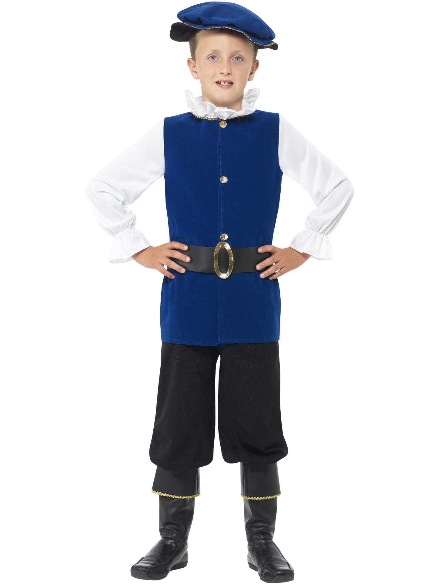 Costume garçon époque Tudor, bleu royal, haut, pantalon avec sur-chausse, ceinture factice et chapeau