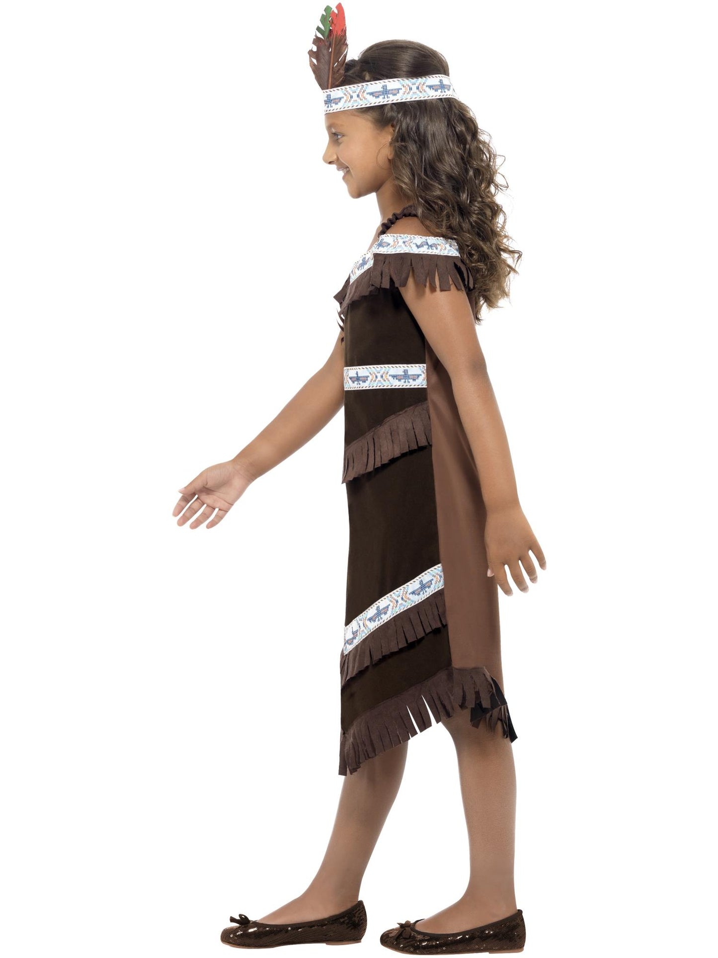 Costume fille inspiré amérindien, marron, robe à franges et bandeau à plumes