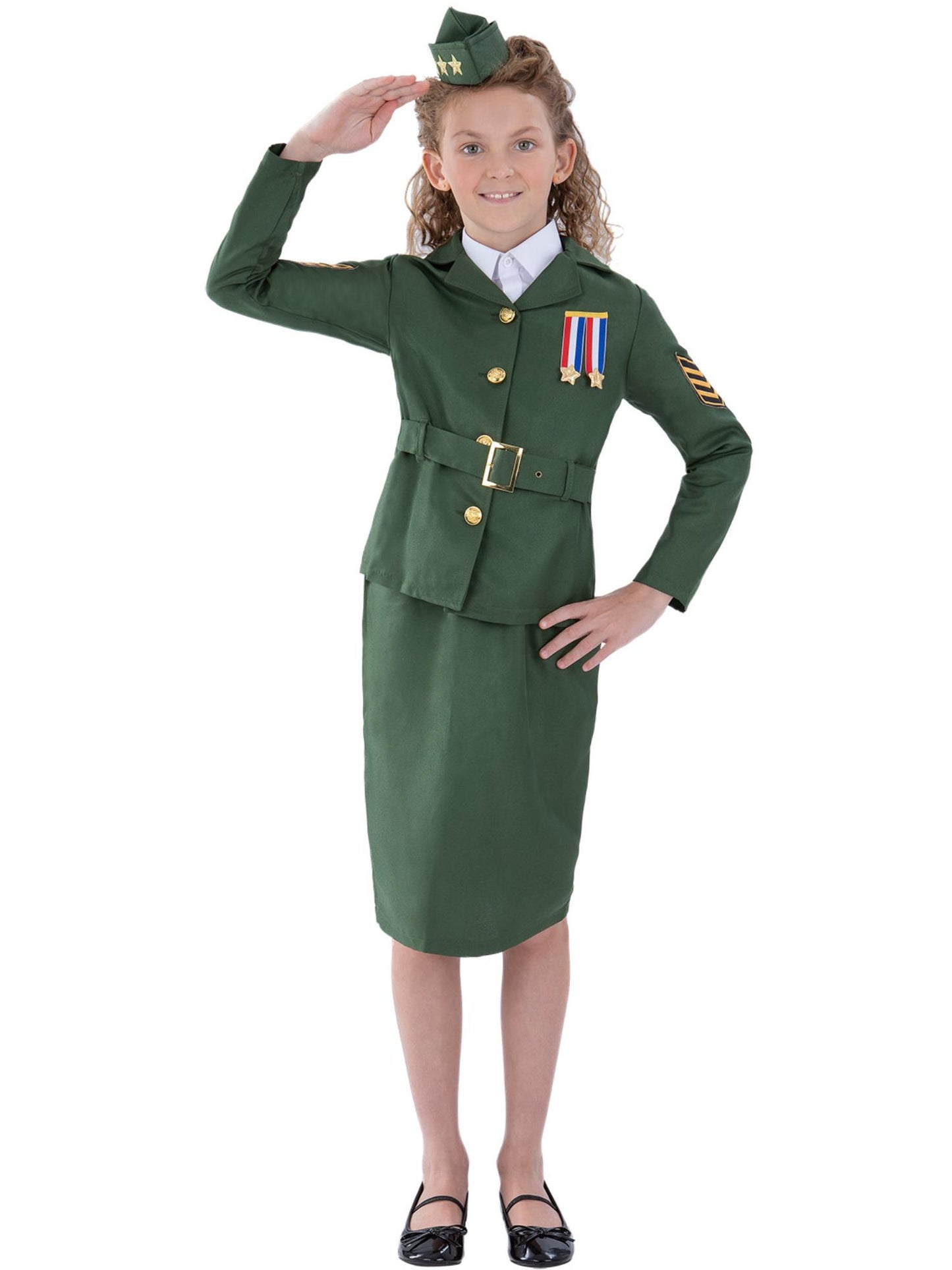Disfraz de chica del ejercito de la 2ª Guerra Mundial, caqui verde, con chaqueta, falda, cinturón acoplado y gorro