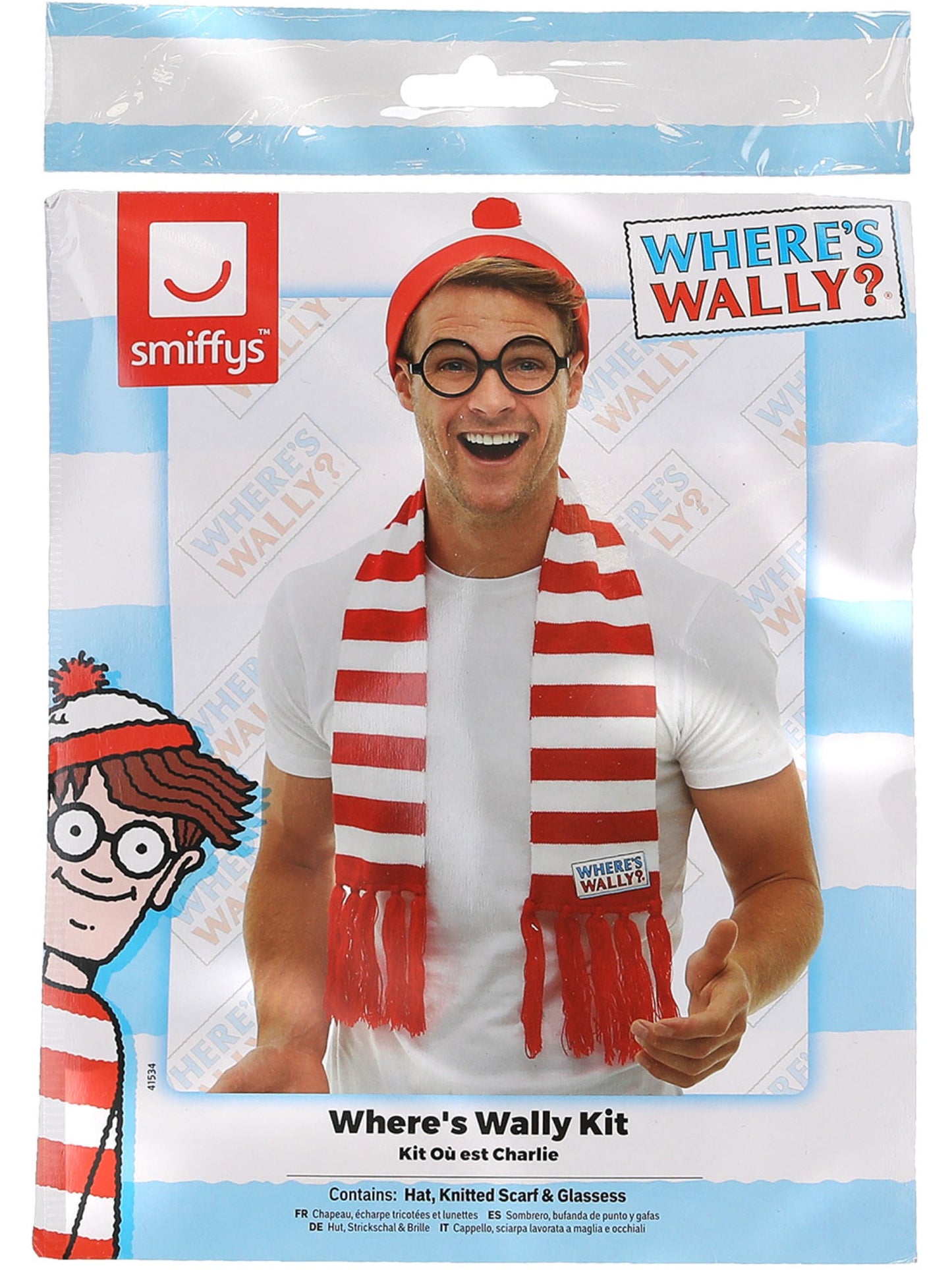 Kit Où est Charlie, Rouge et blanc, avec chapeau, écharpe tricotées et lunettes