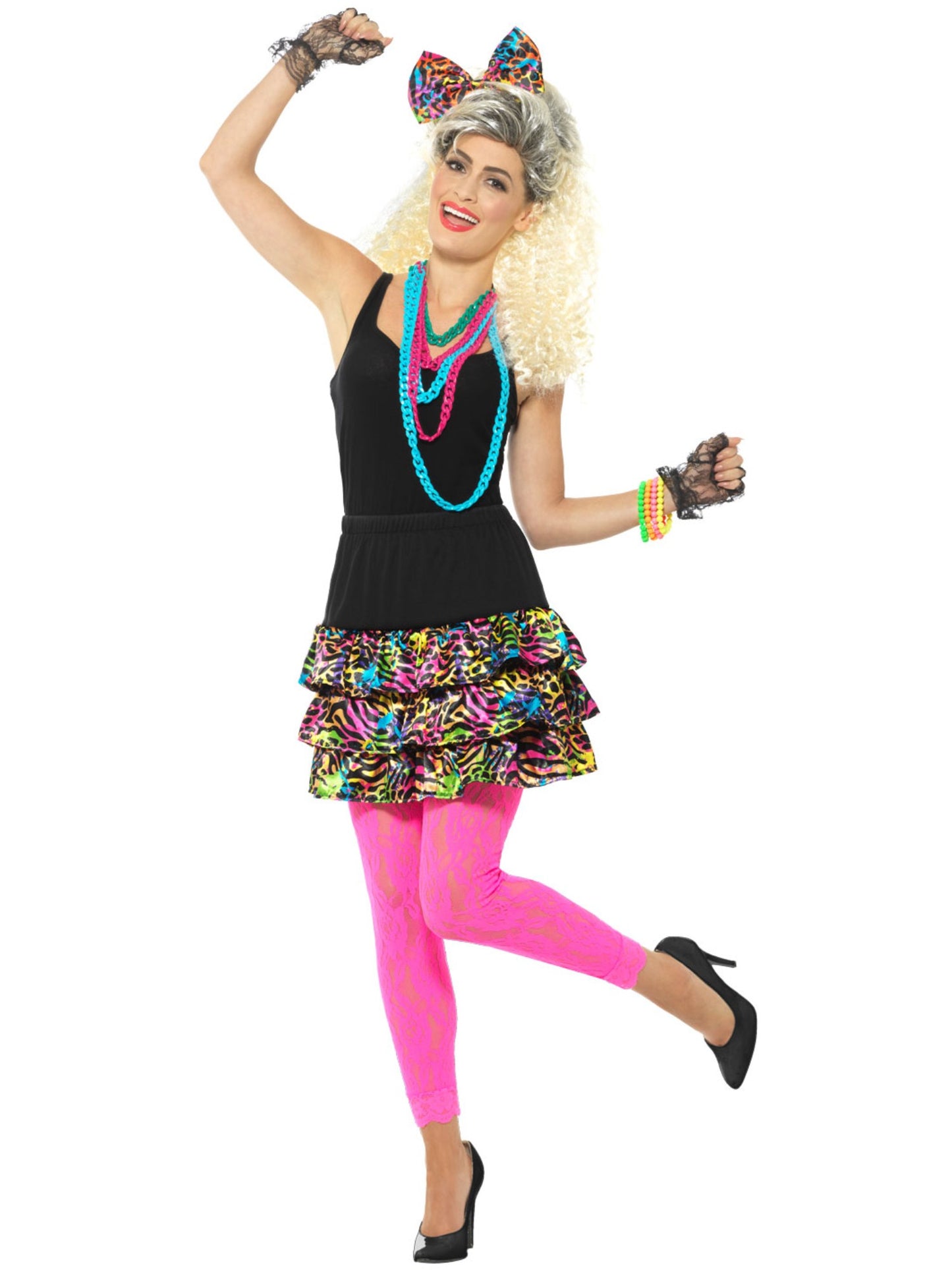 80er-Jahre Party-Girl-Set, mehrfarbig, mit Rock, Kopfschmuck und Halskette
