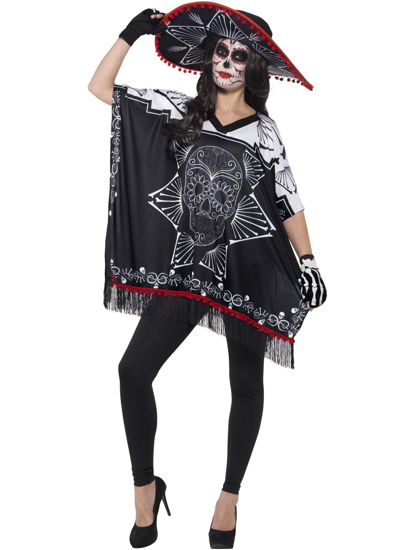 Costume bandit Jour des morts, Noir et blanc, avec poncho, sombrero et gants