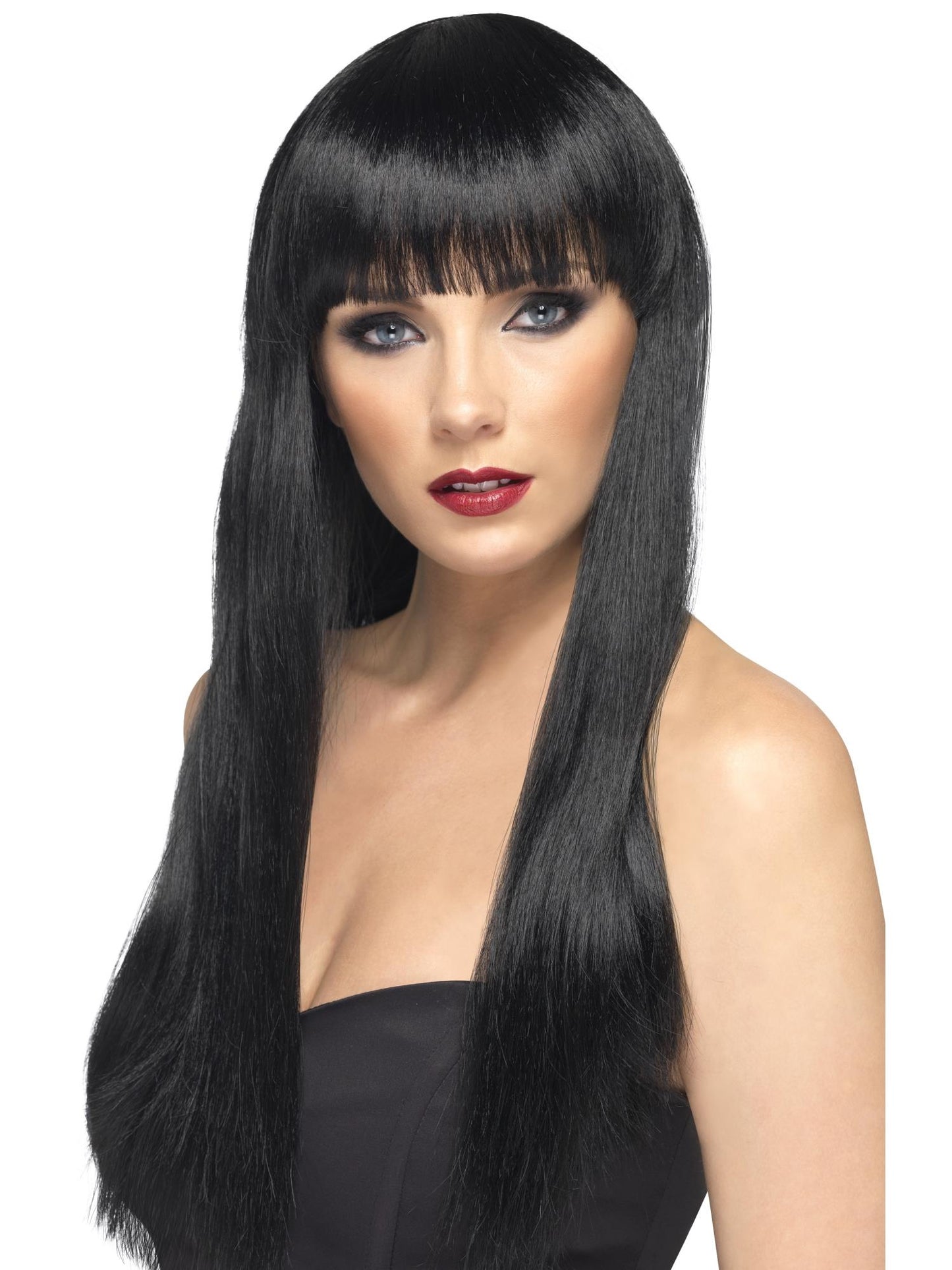 Perruque beauté, noire, cheveux longs, lisses avec frange