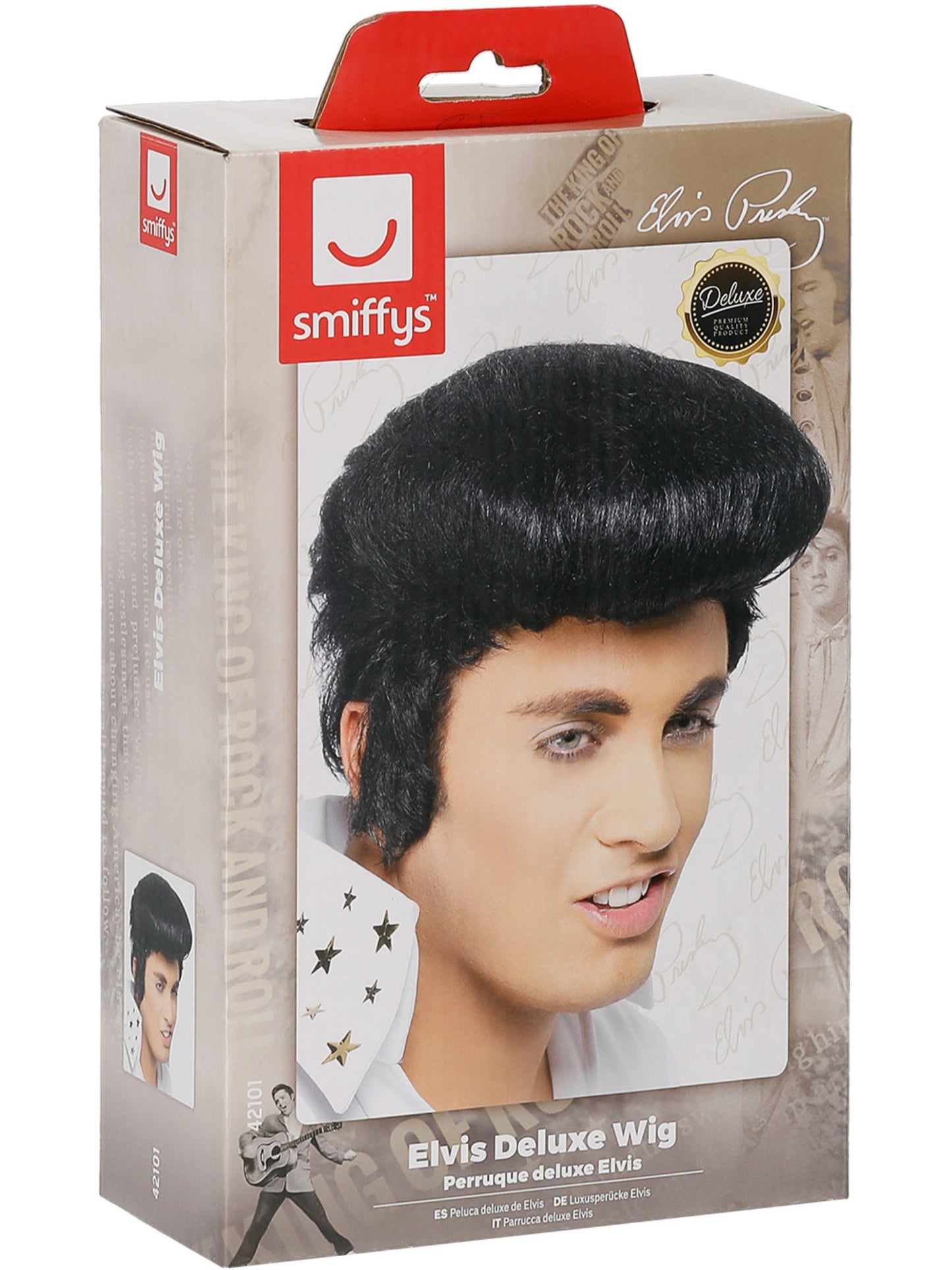 Peluca deluxe de Elvis, Negra, con tupé alto y patillas