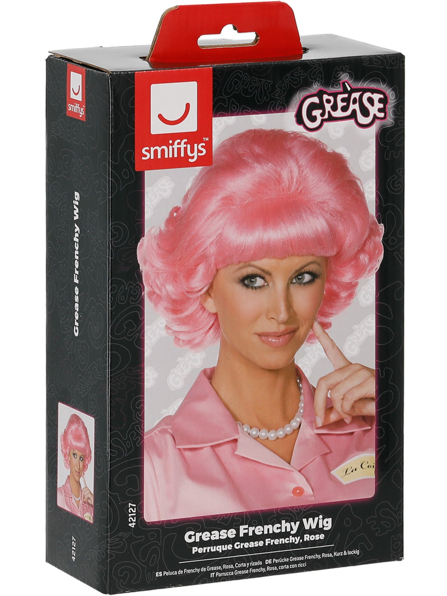 Perruque Grease Frenchy, Rose, Court et frisé