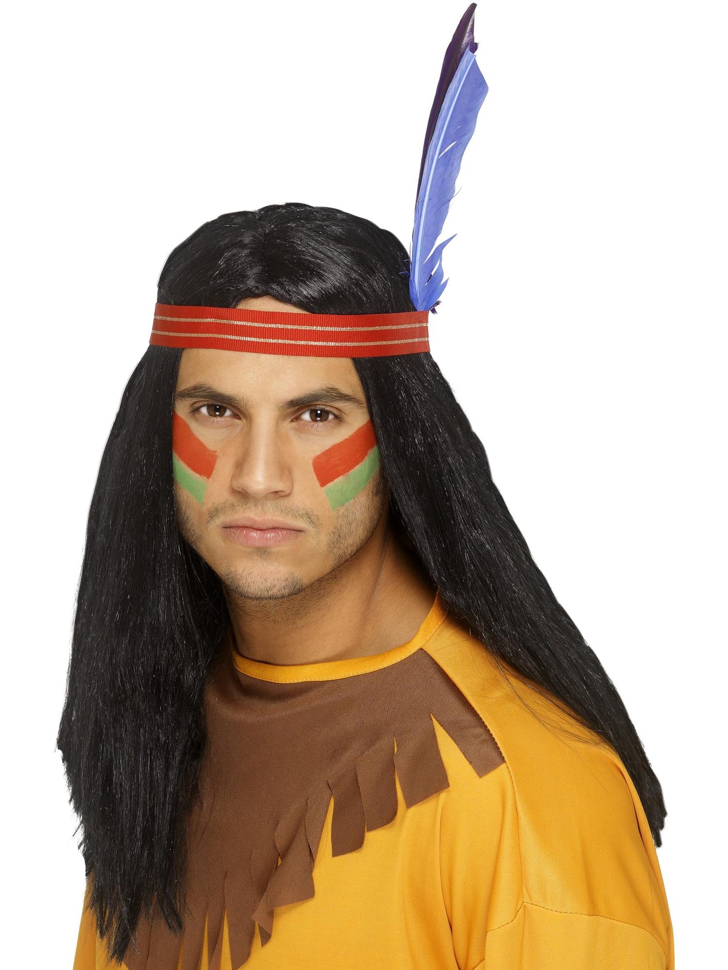 Indianer-Perücke von amerikanischen Ureinwohnnern inspiriert, tapferer Indianer, lang, glatt und schwarz, Stirnband und Federn