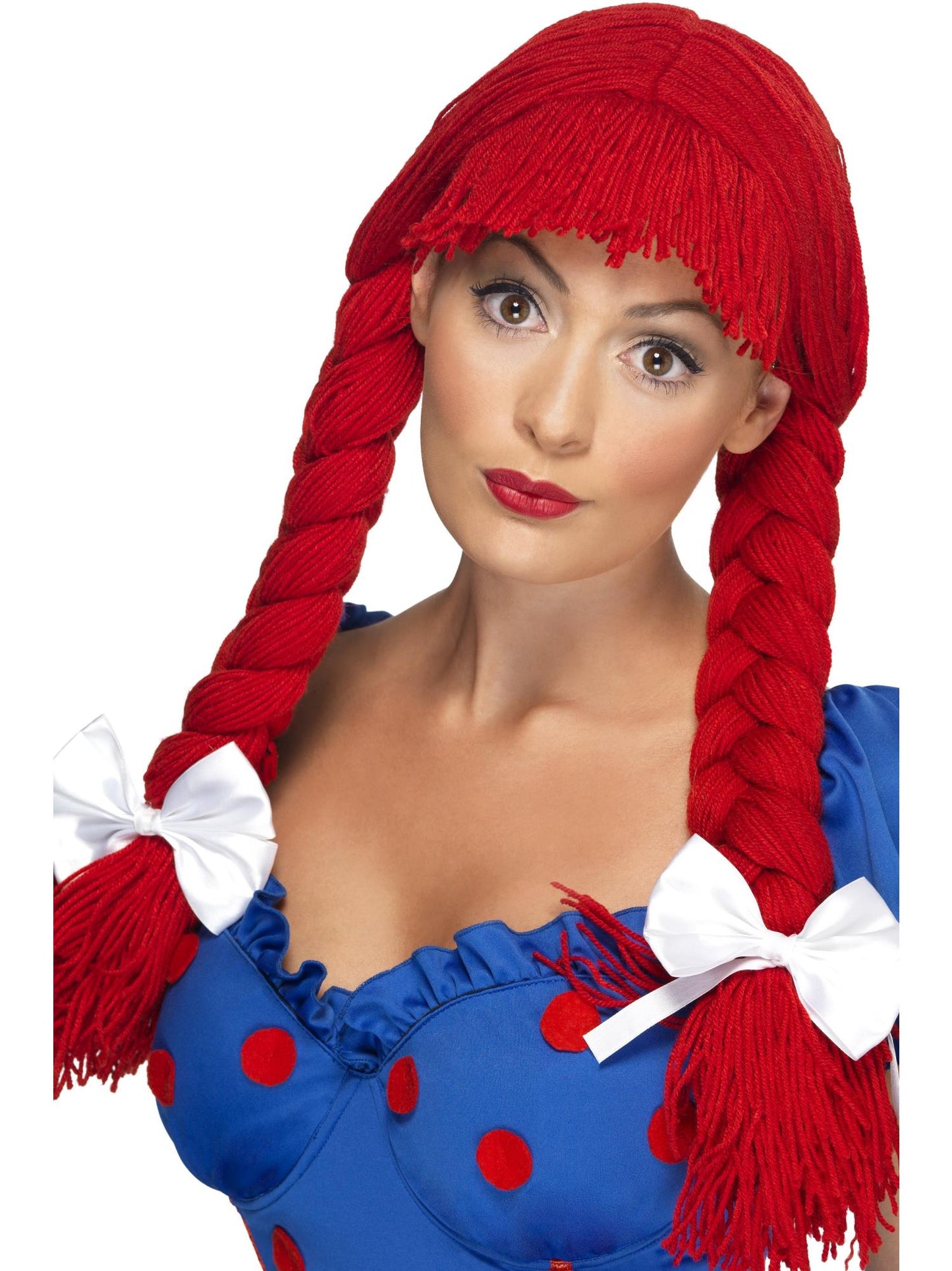 Perruque poupée de chiffon, rouge, queue de cheval avec frange et nœuds