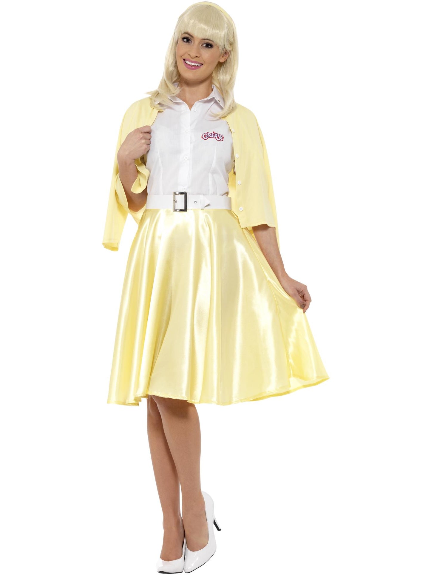 Costume Grease Sandy, Jaune, avec jupe, faux gilet, ceinture et bandeau