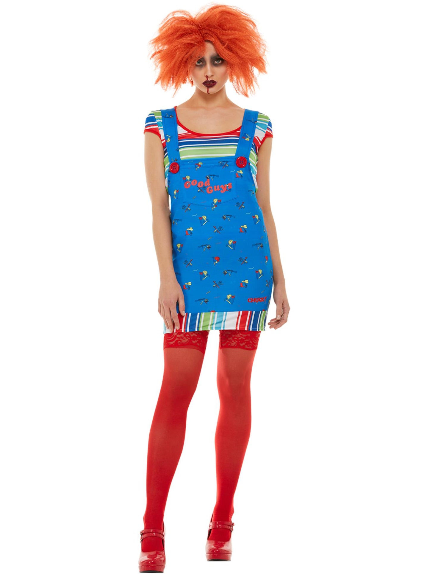 Chucky-Kostüm, Blau, mit Oberteil & kurzem Latzhosenkleid