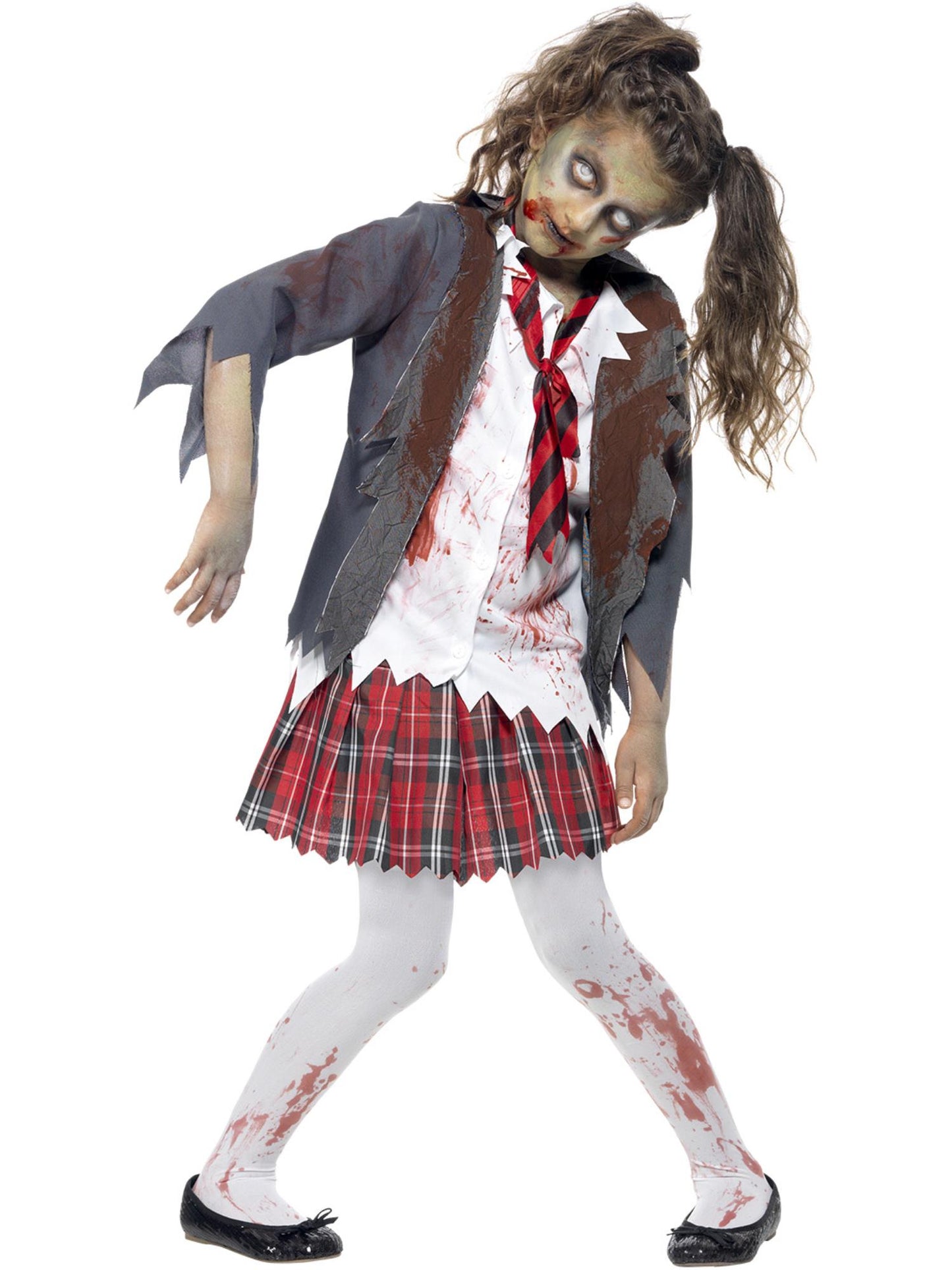 Disfraz de colegiala zombi, Gris, con falda, chaqueta, falsa camisa y corbata