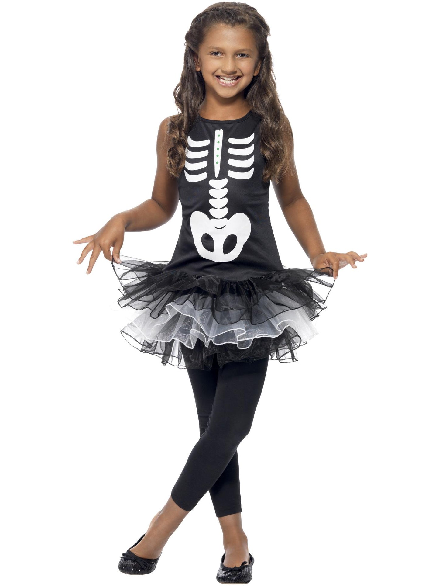 Disfraz de esqueleto con tutú, Negro y blanco, con vestido con tutú estampado