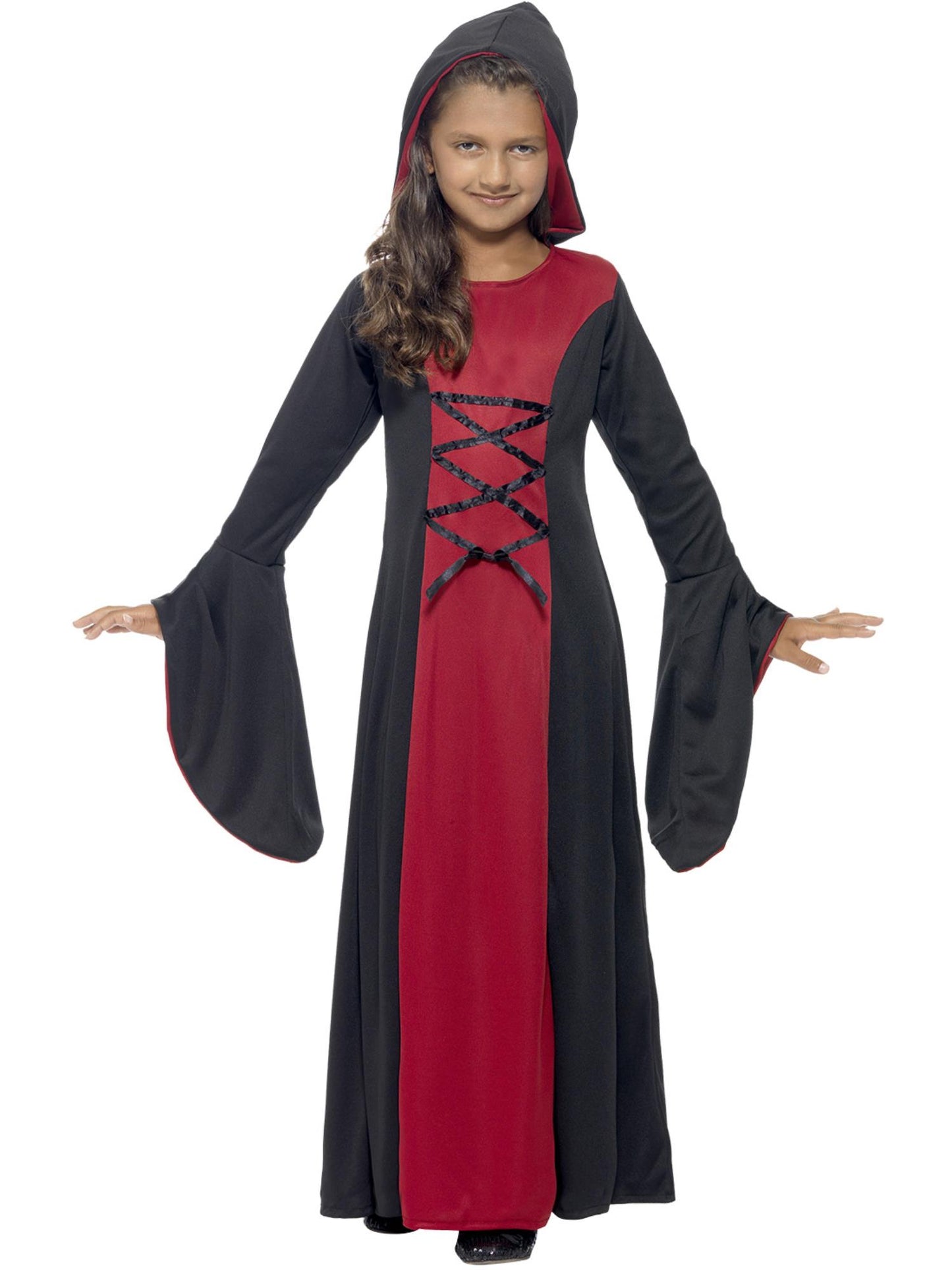 Kostüm Vamp, Rot und Schwarz, mit Kleid und Kapuze, Schnürdetail