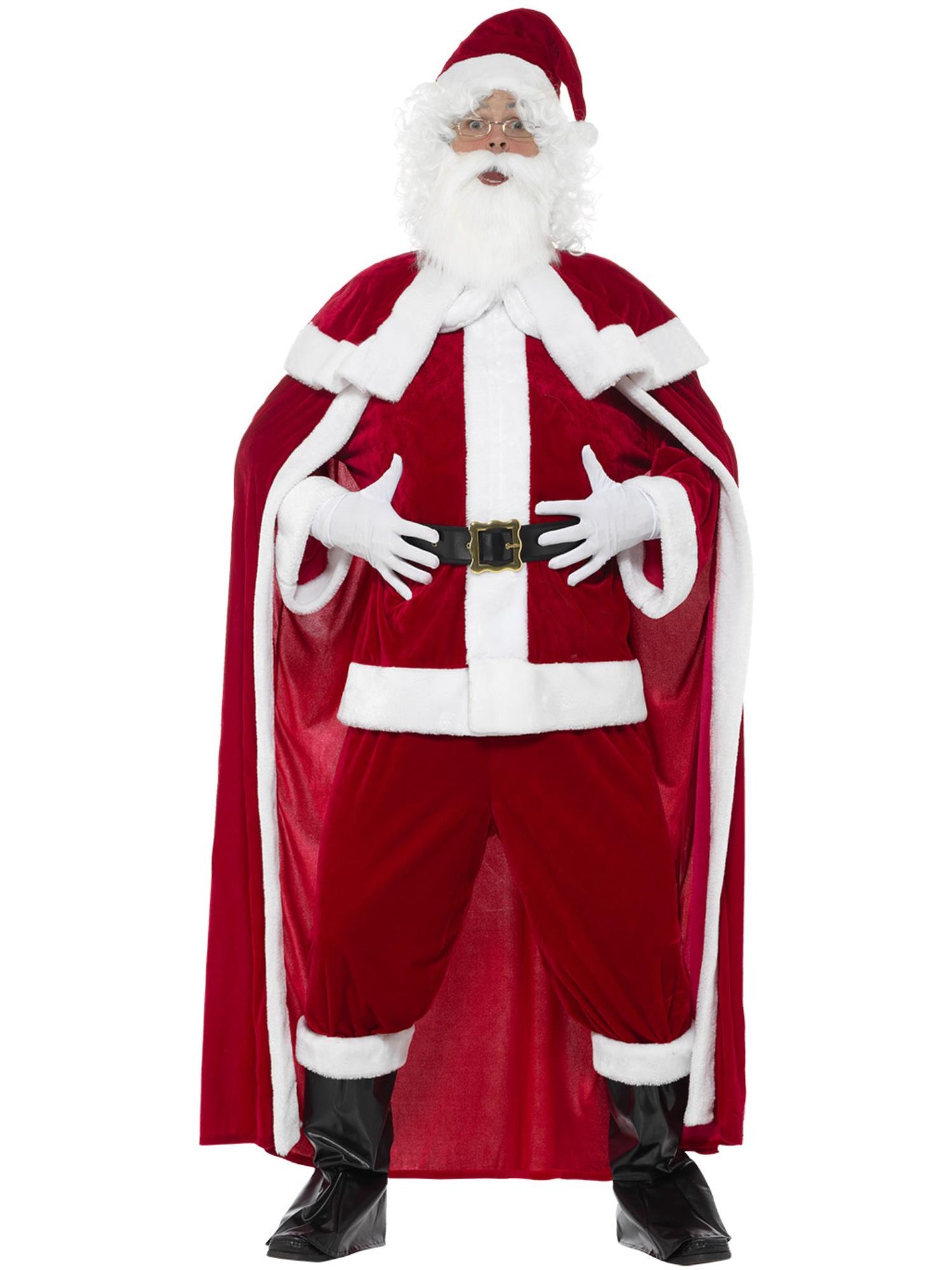Déguisement Père Noël Deluxe, rouge avec un pantalon, veste, cape, ceinture, couvre-bottes, gants, barbe et bonnet