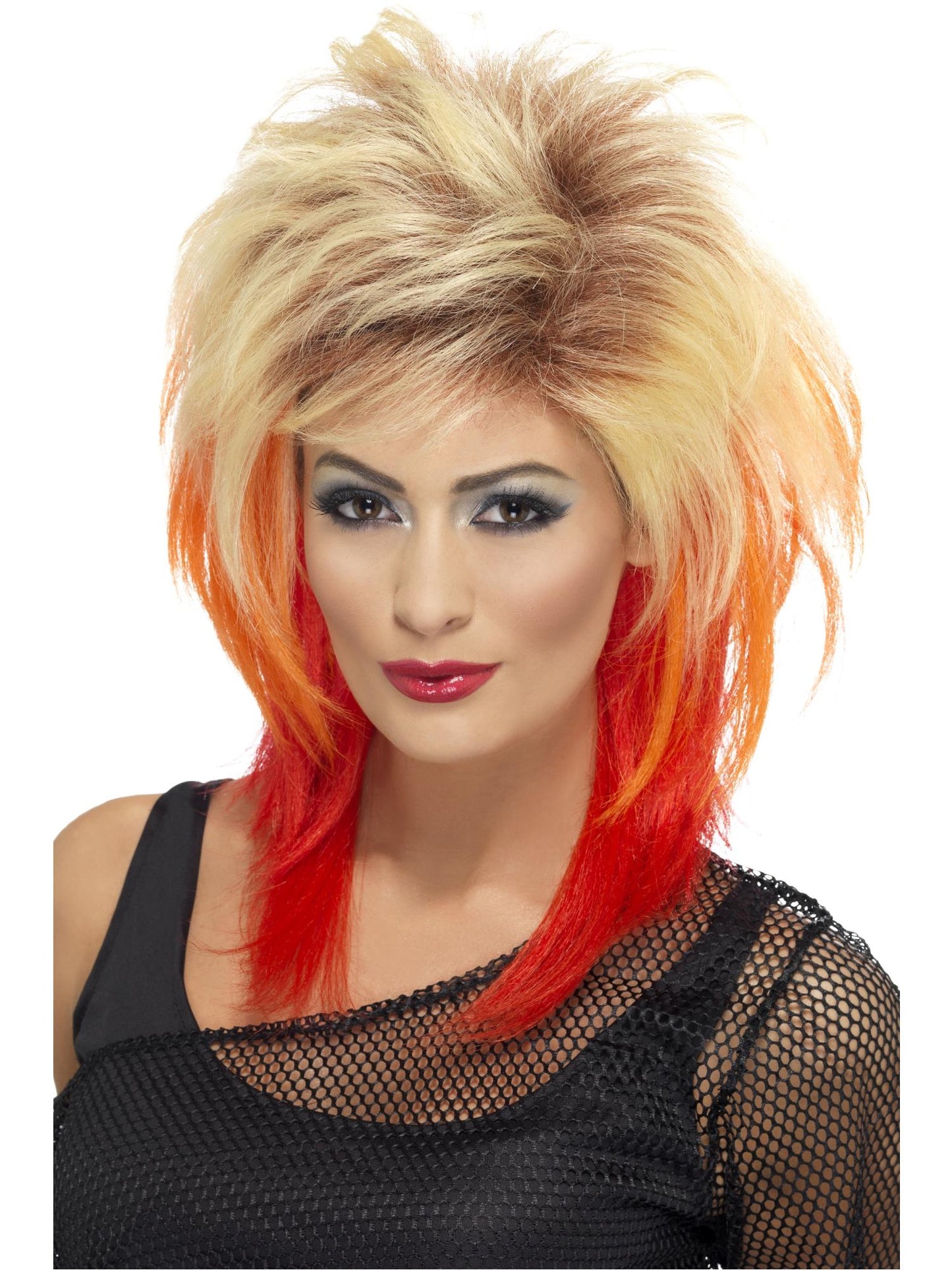 Peluca de corte mullet de los 80, rubia, con iluminaciones rojas