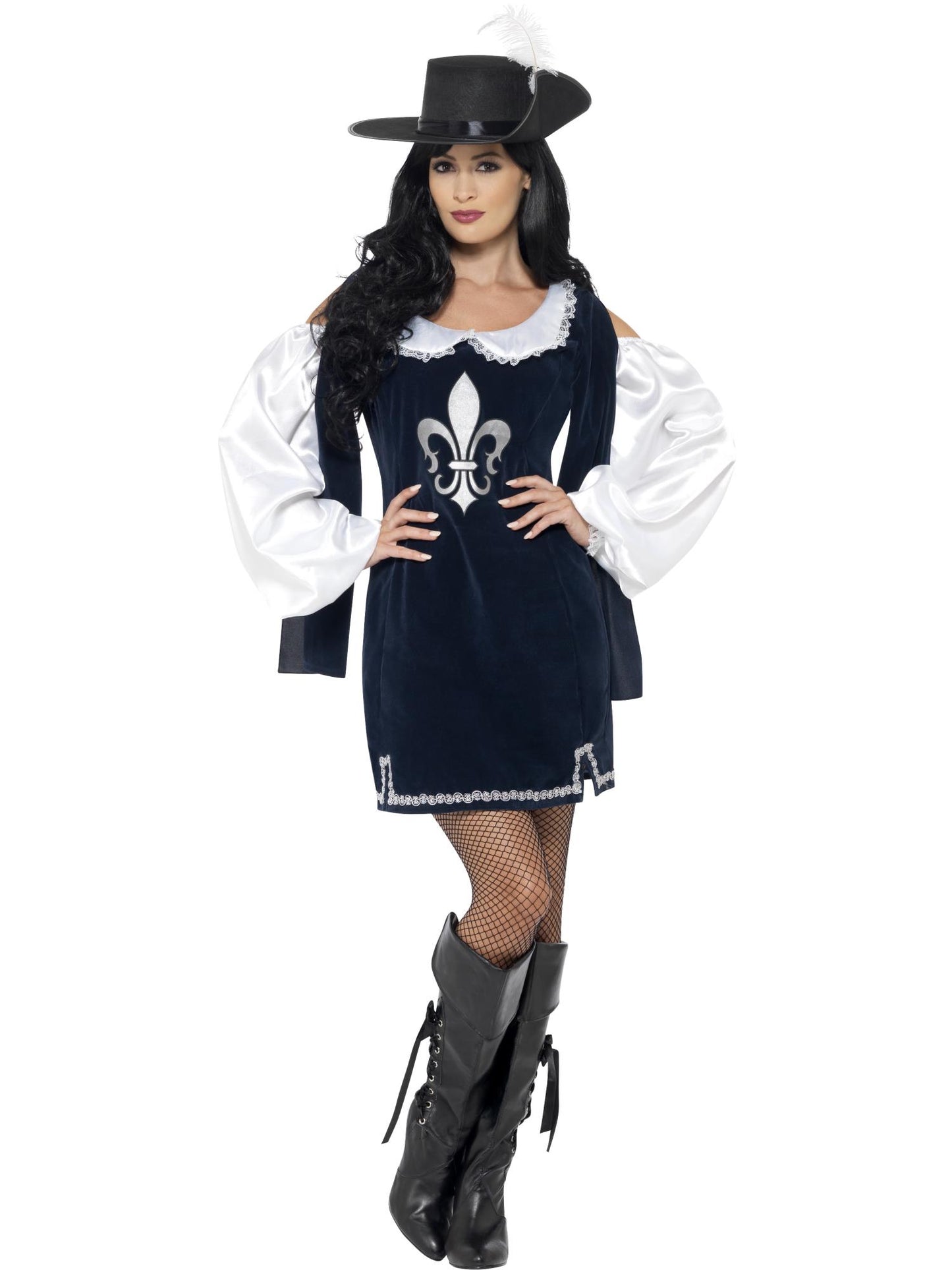 Costume de Femme Mousquetaire, Bleu marine, avec Robe et Chapeau