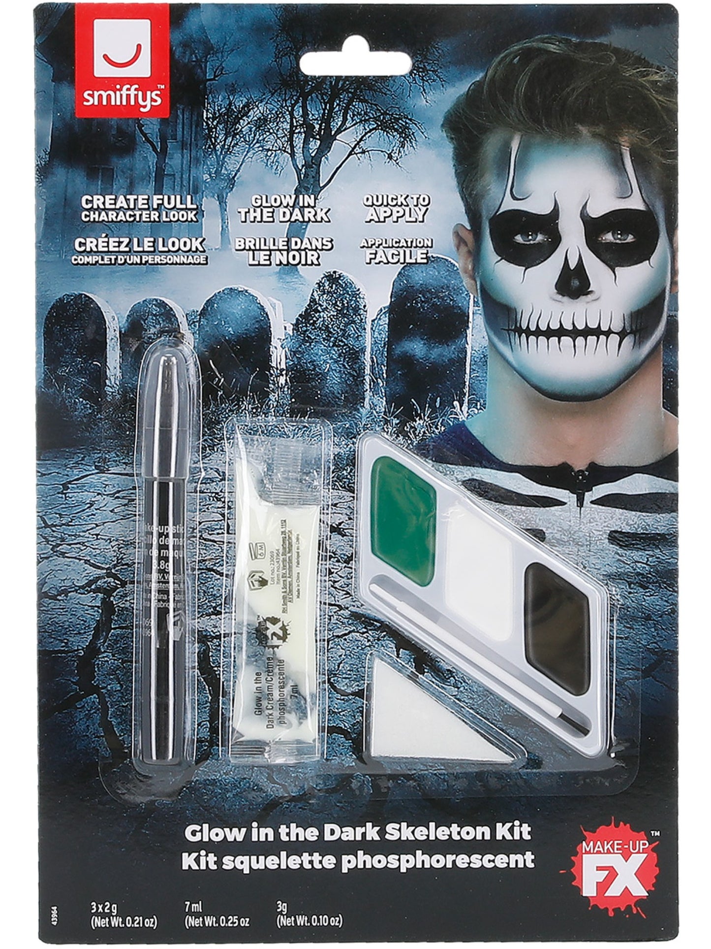 Smiffys Make-Up FX, GID Skeleton Kit, Grease, Blac Wholesale
