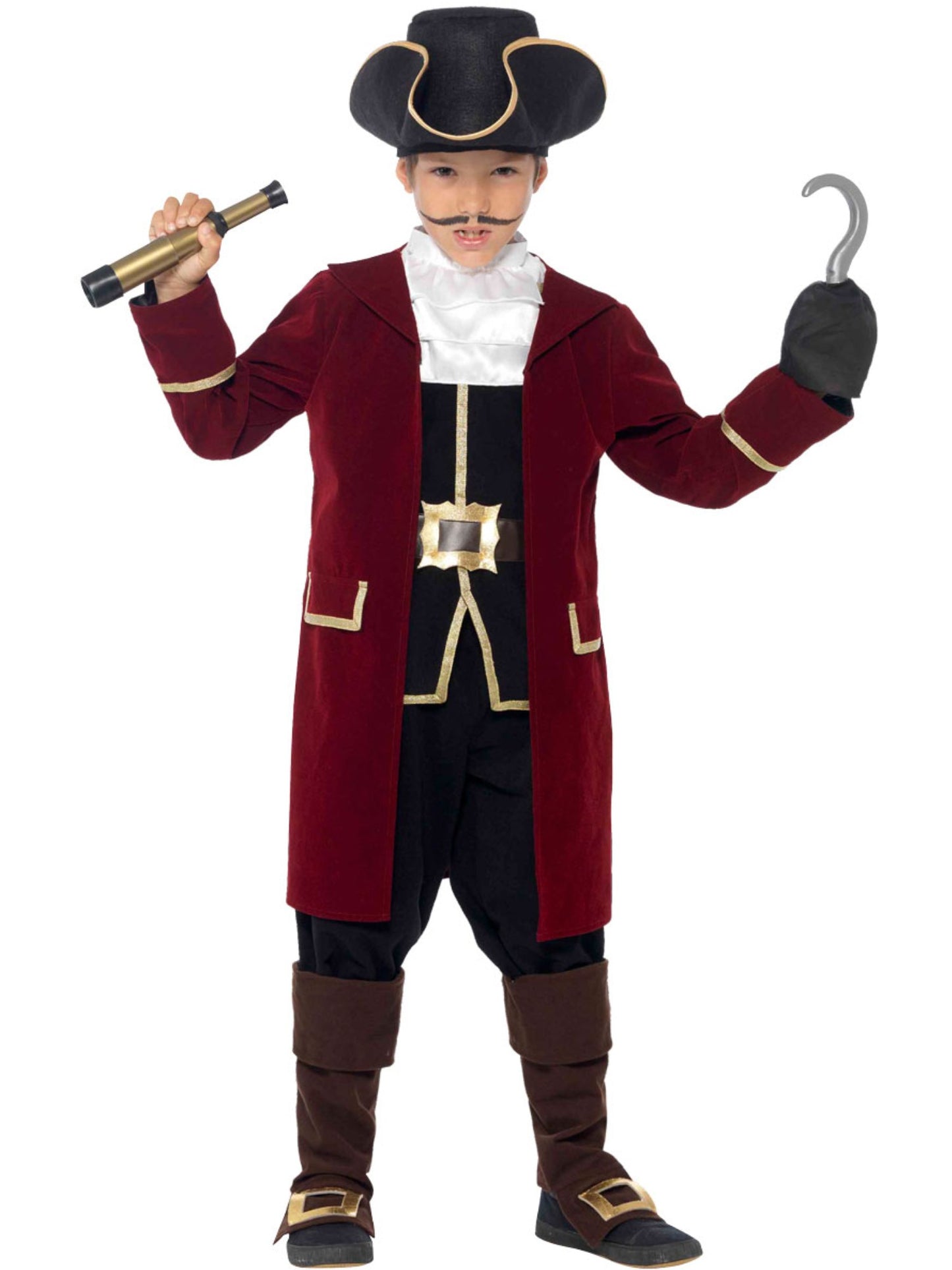 Traje de Capitán Pirata de Lujo, Negro, con Chaqueta, Falso Chaleco, Pantalones, Pañuelo de Cuello y Sombrero