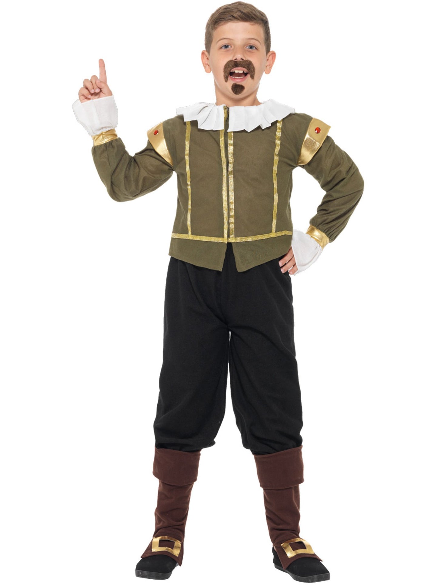 Disfraz de Shakespeare, Verde, Chaqueta, pantalón, fundas para las botas, bigote y perilla
