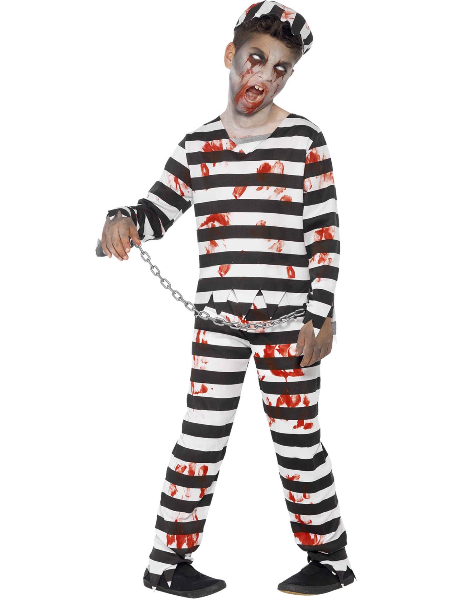 Zombie Sträfling Kostüm, mit Hose, Oberteil, Zahlen, Hut & Handgelenksschellen