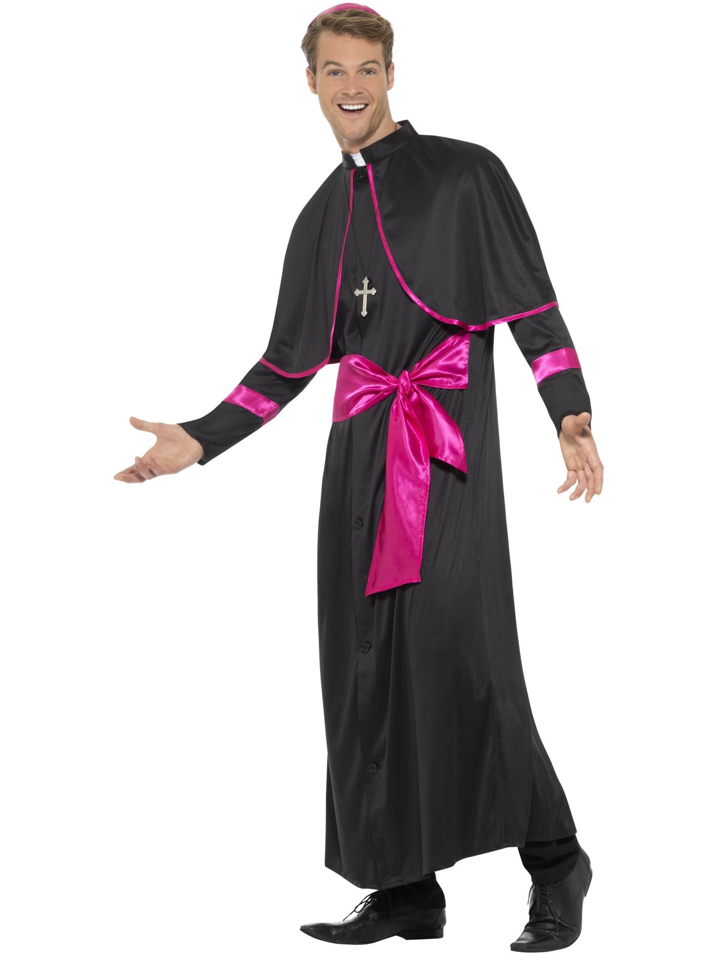 Costume cardinal, noir, avec toge, fausse ceinture, chapeau et collier croisé