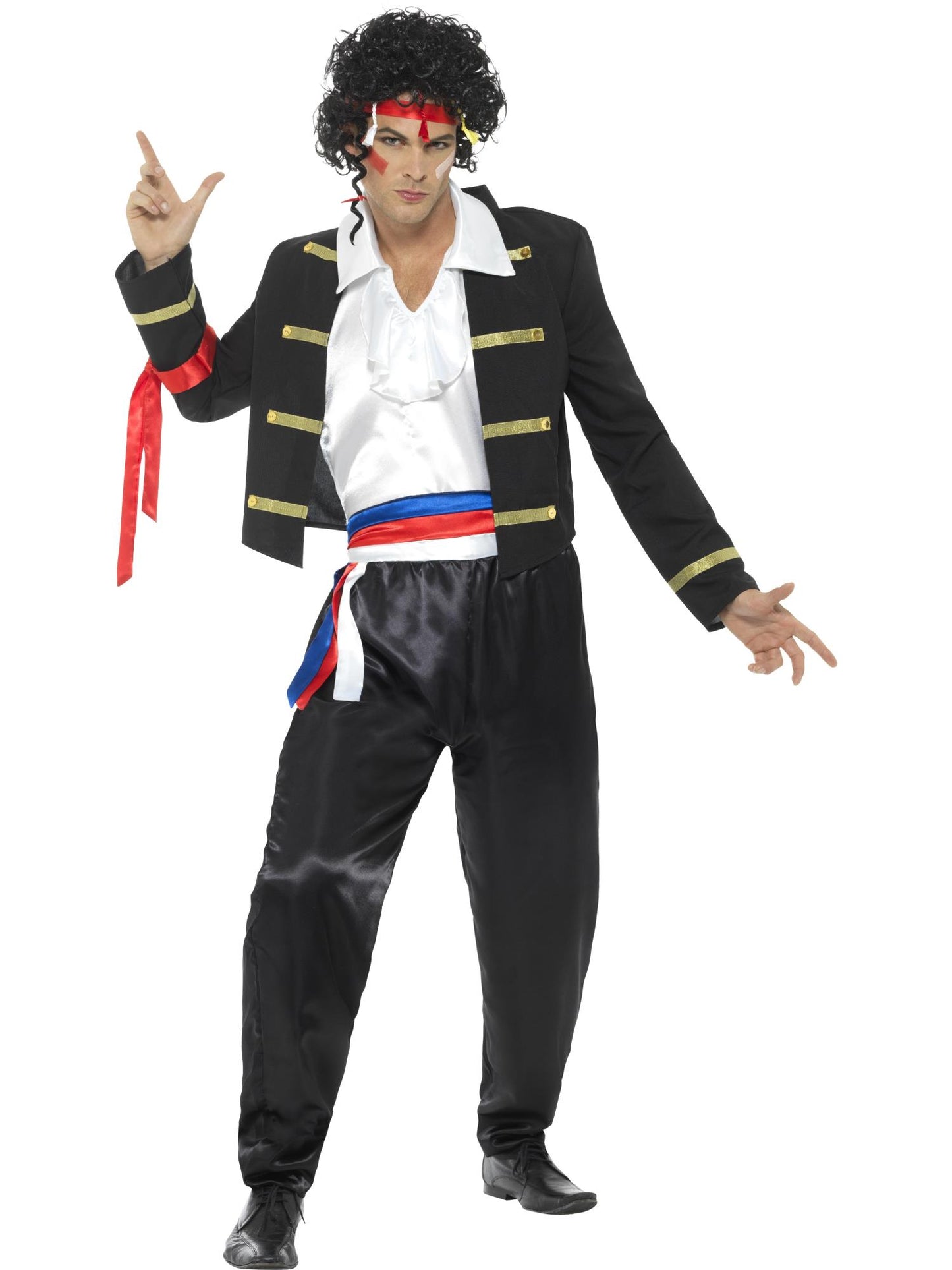 Disfraz nuevo romántico años 80, negro, con chaqueta, pantalón y cinta para la cabeza