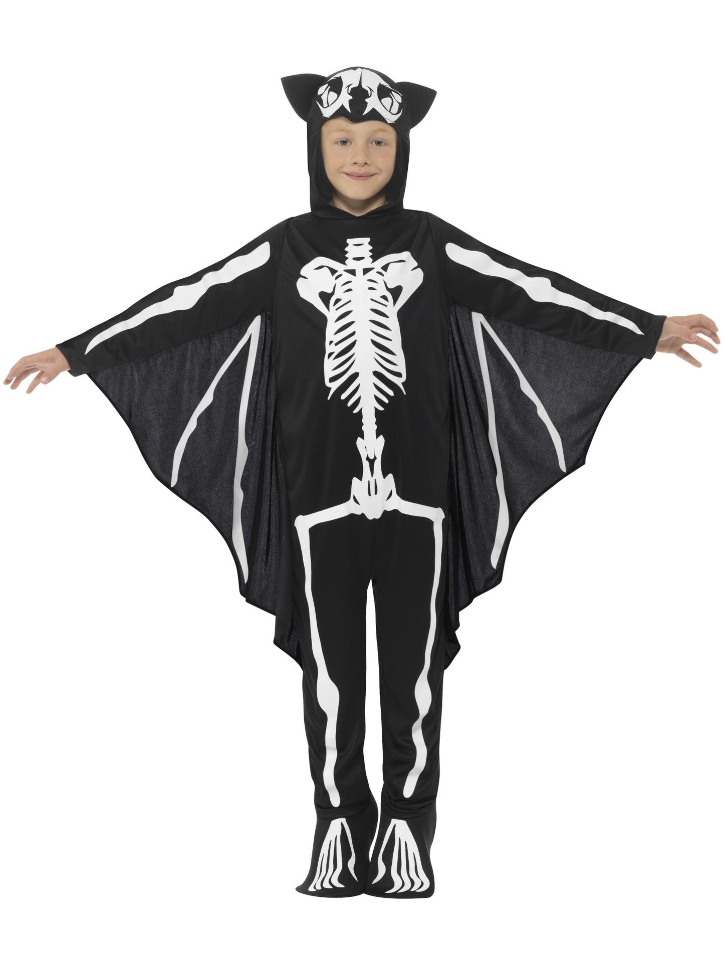 Fledermaus-Skelett-Kostüm, Schwarz, mit Kapuzen-Overall & befestigten Flügeln