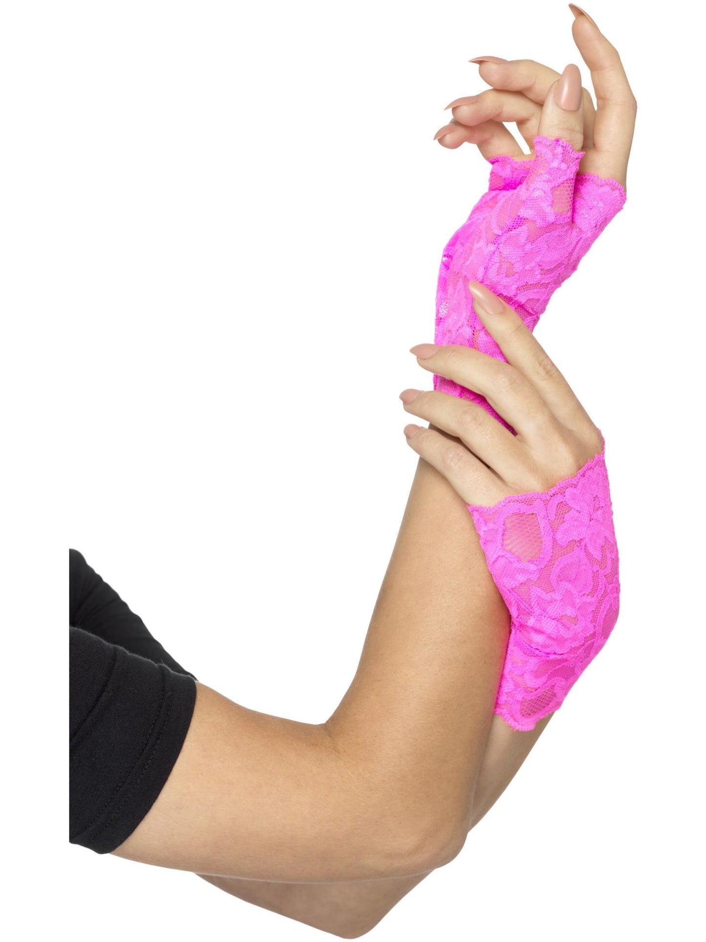 80er-Jahre fingerlose Spitzenhandschuhe, Neonpink, kurz