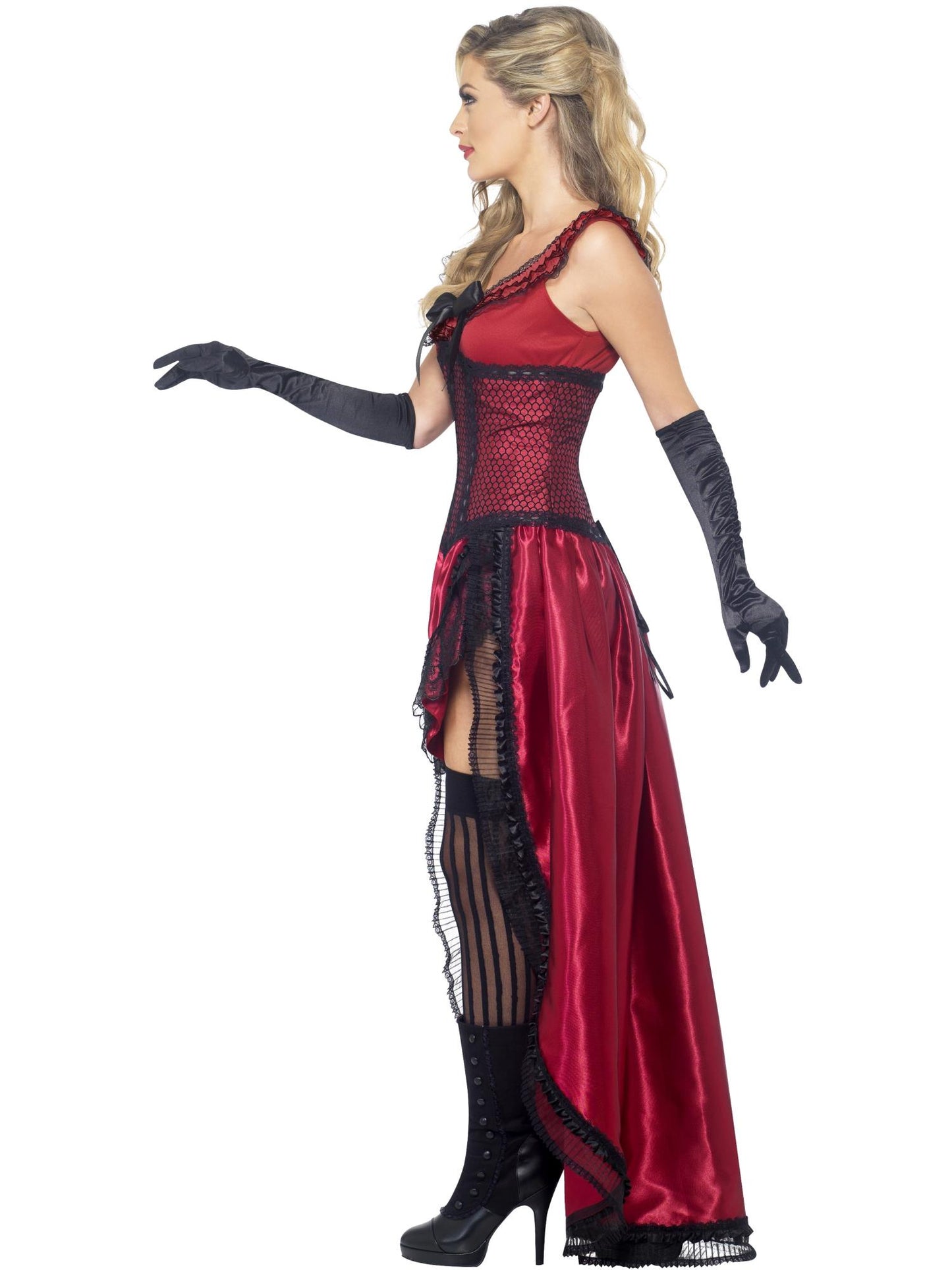 Disfraz de chica de burdel auténtico del Oeste, color borgoña, con vestido y corsé