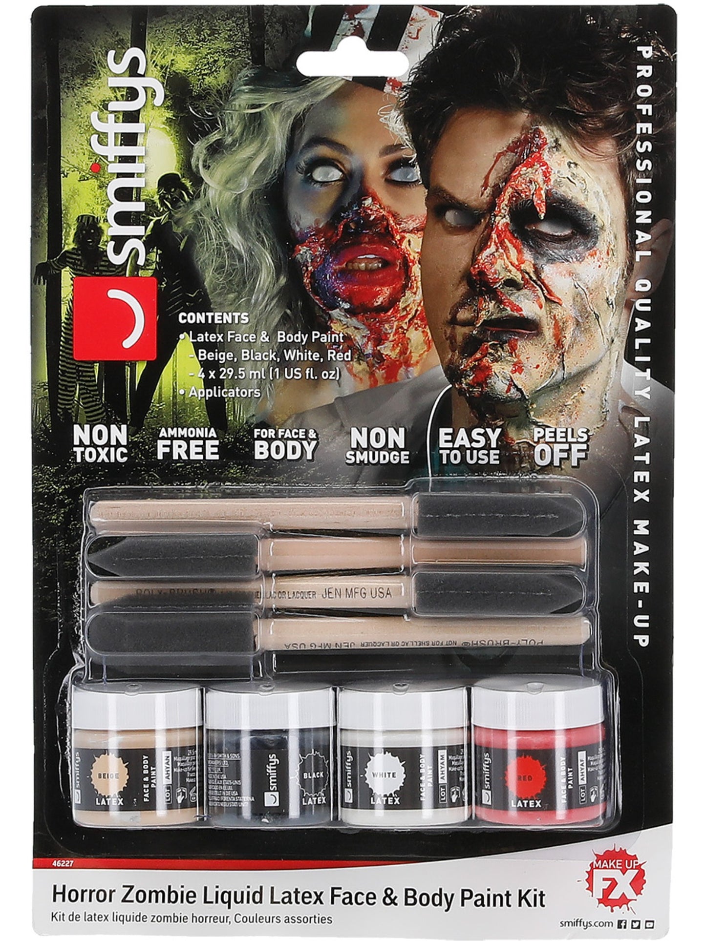 Kit de zombi terrorífico con látex líquido, Colores surtidos, con cajas de maquillaje de 4 colores y 4 esponjas, 4 x 29.57ml/1 US fl.oz