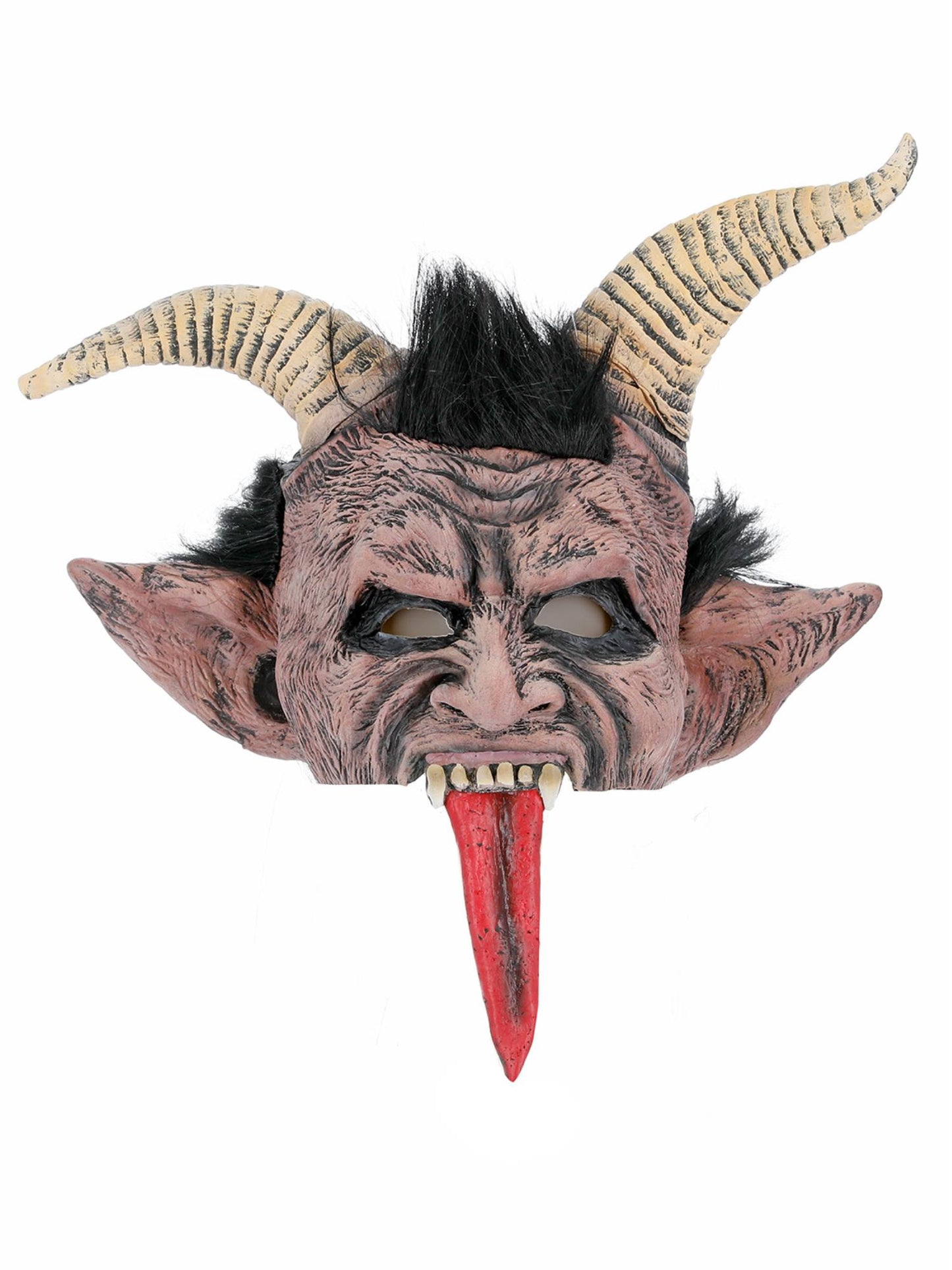 Krampus Weihnachtsdämon Maske, Braun, Latex, Kopfabdeckung, mit Fell & Hörnern