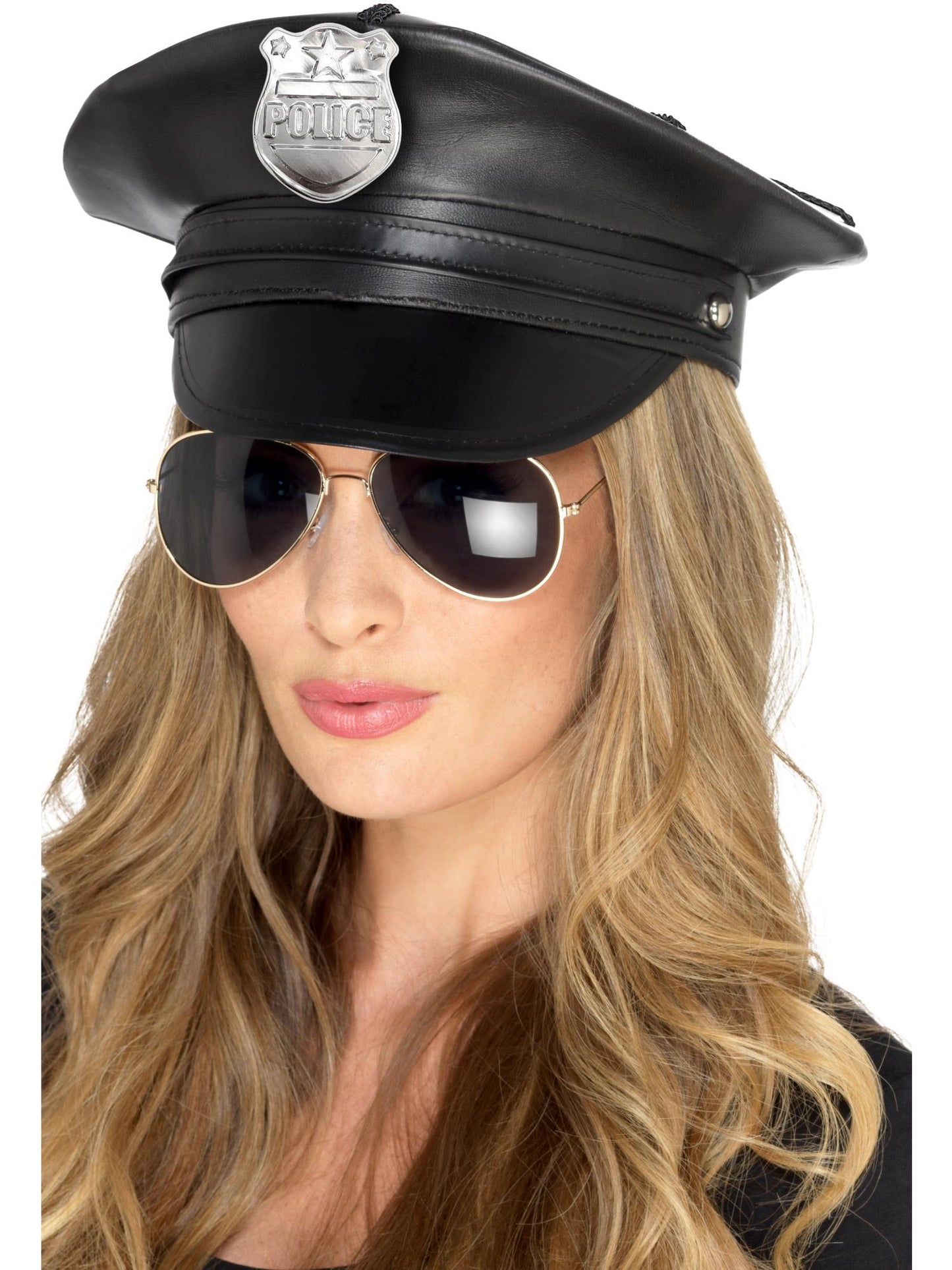 Sombrero de policía deluxe, Negro, Cuero de imitación, con borde interior elástico