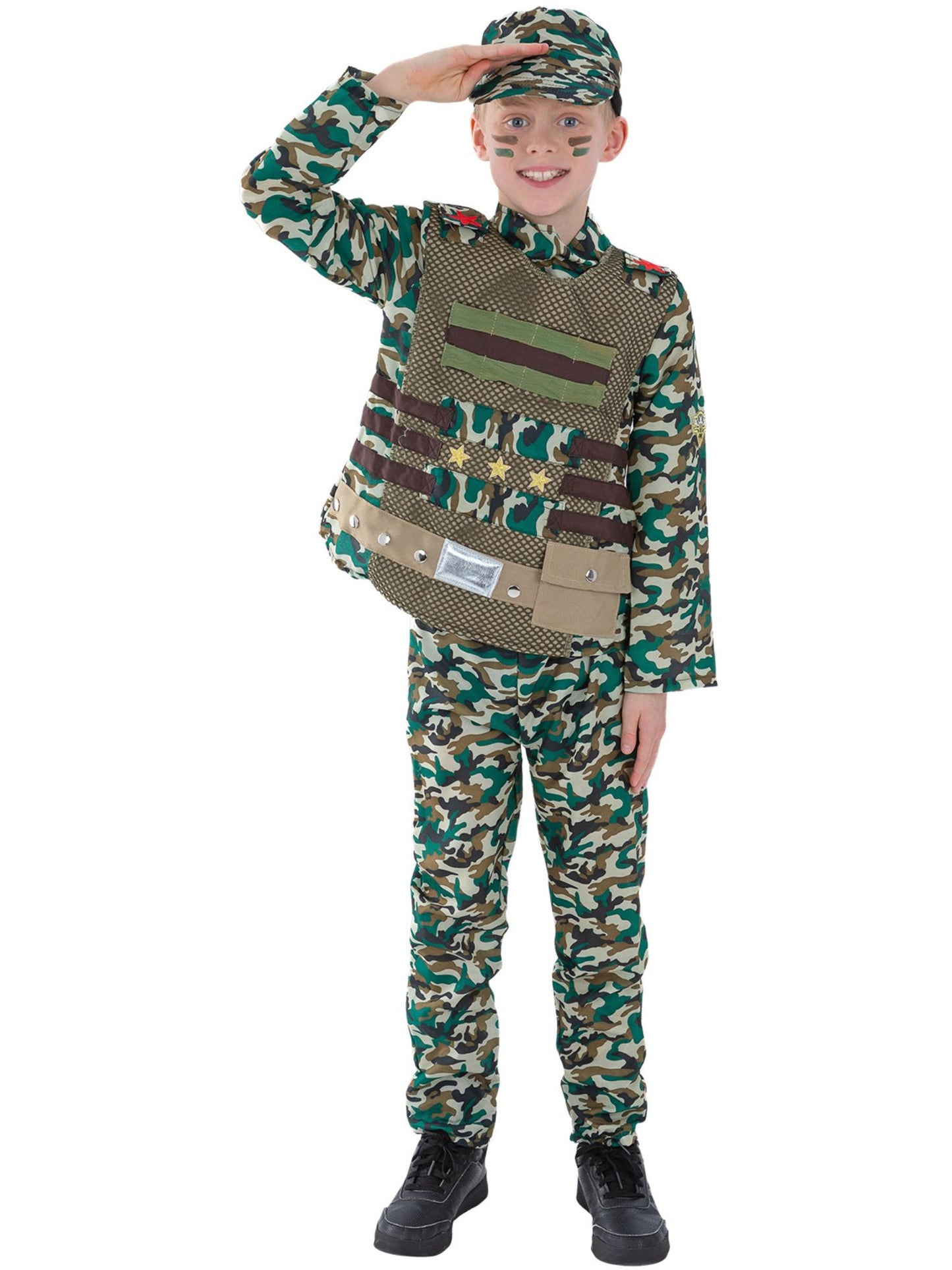 Disfraz de camuflaje militar para niño de color verde con parte de arriba, pantalones y gorra