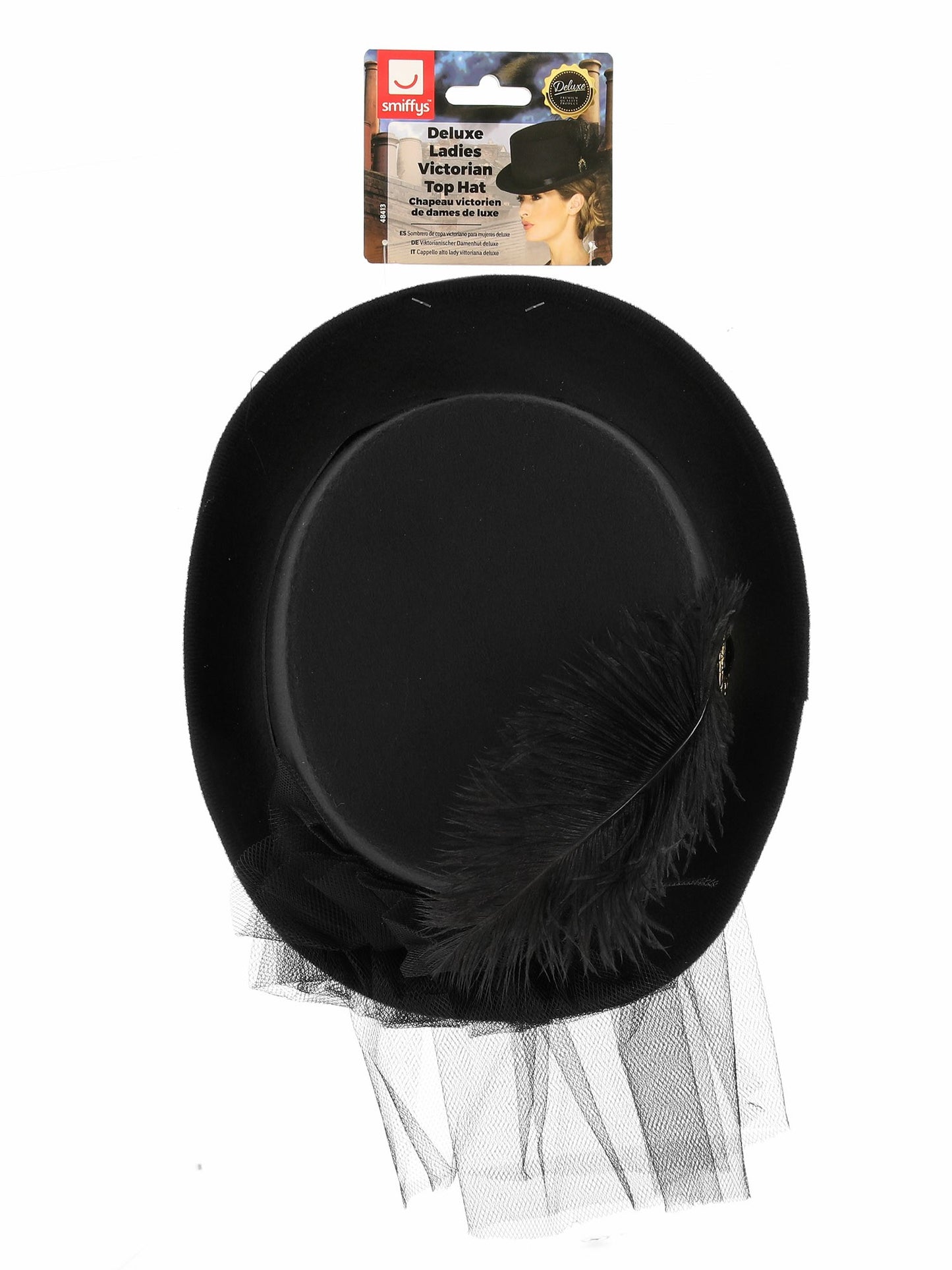 Viktorianischer Damenhut deluxe, Schwarz, mit elastischem Innenrand, Federn, Schleier und Brosche