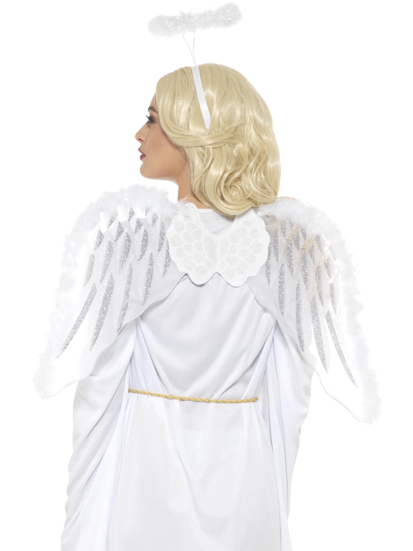 Ensemble ange pure, blanc, avec ailes pailletées et auréole en plumes, 70x45cm/28x18in