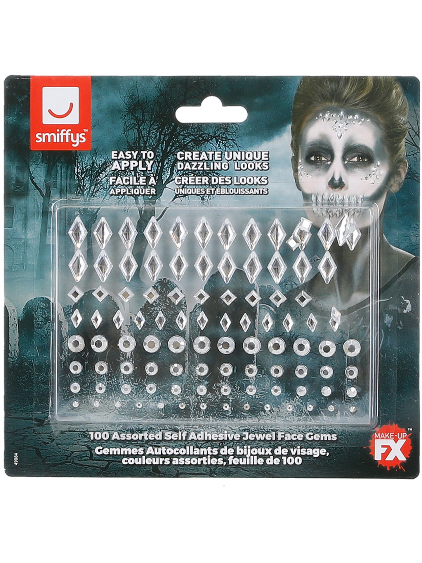 Smiffys Make-Up FX, Gesichtsjuwelen, Silber, Bogen mit 100 Stück, auf Aufsteller