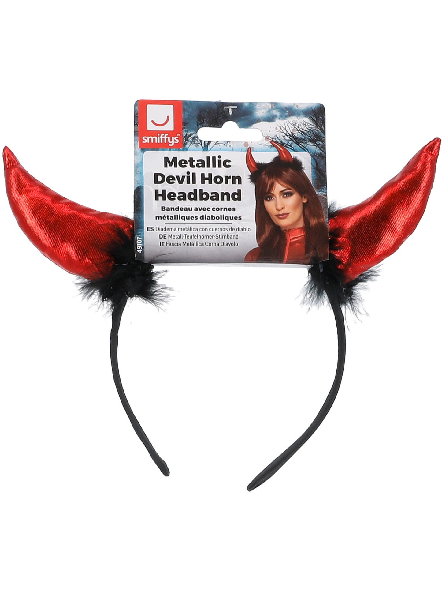 Bandeau avec cornes métalliques diaboliques, Rouge et noir, Avec des plumes de Marabout