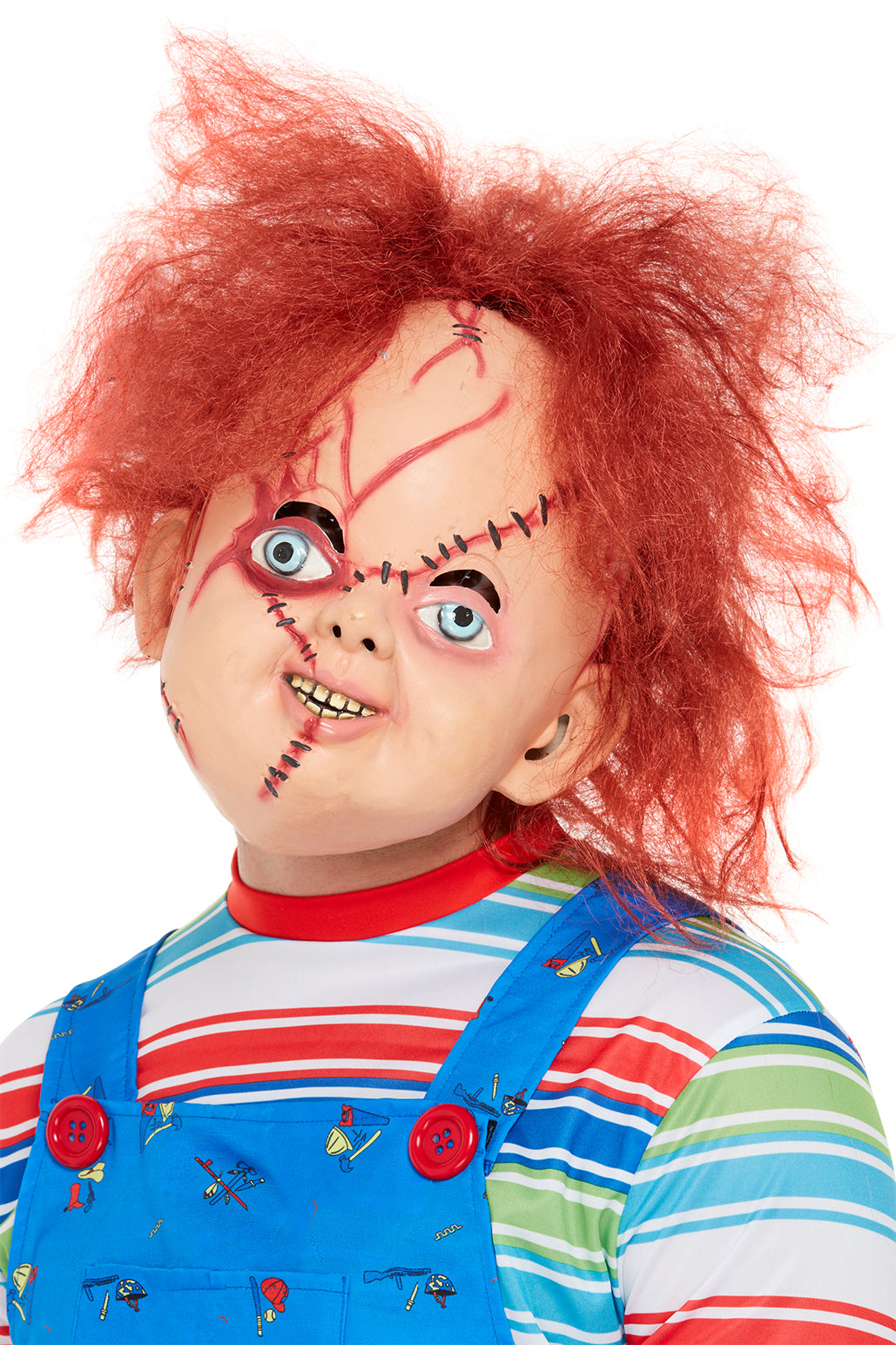 Máscara de látex de Chucky, Marrón, de cabeza completa con herida con puntos