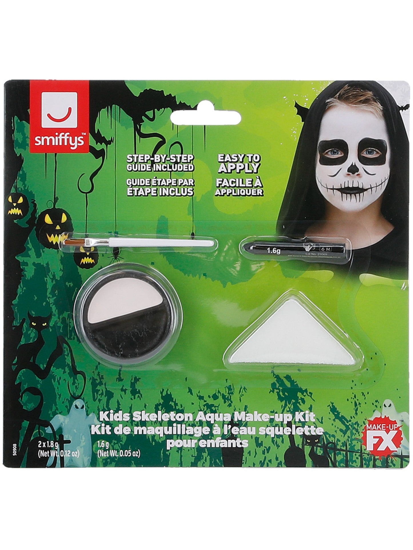 Maquillaje Smiffys FX, kit de esqueleto para niños, Aqua, Negro y blanco, pintura facial, ceras, esponja y aplicador