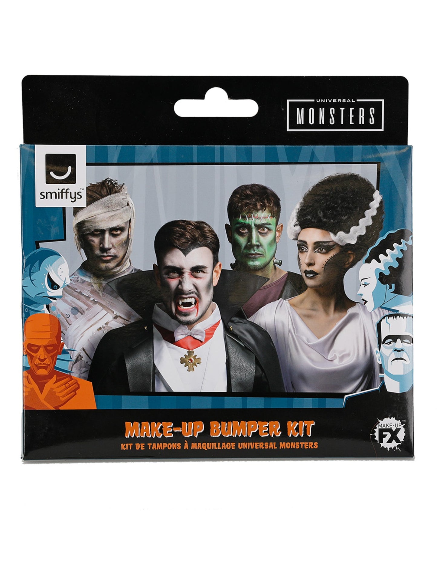 Universal Monsters, Make-Up-Set, Wassertöpfe, Transferfolien, Blutröhrchen, Buntstifte, Glitzerpuder, Bandagen, Reißzähne, Bolzen, Pinsel und Schwämme