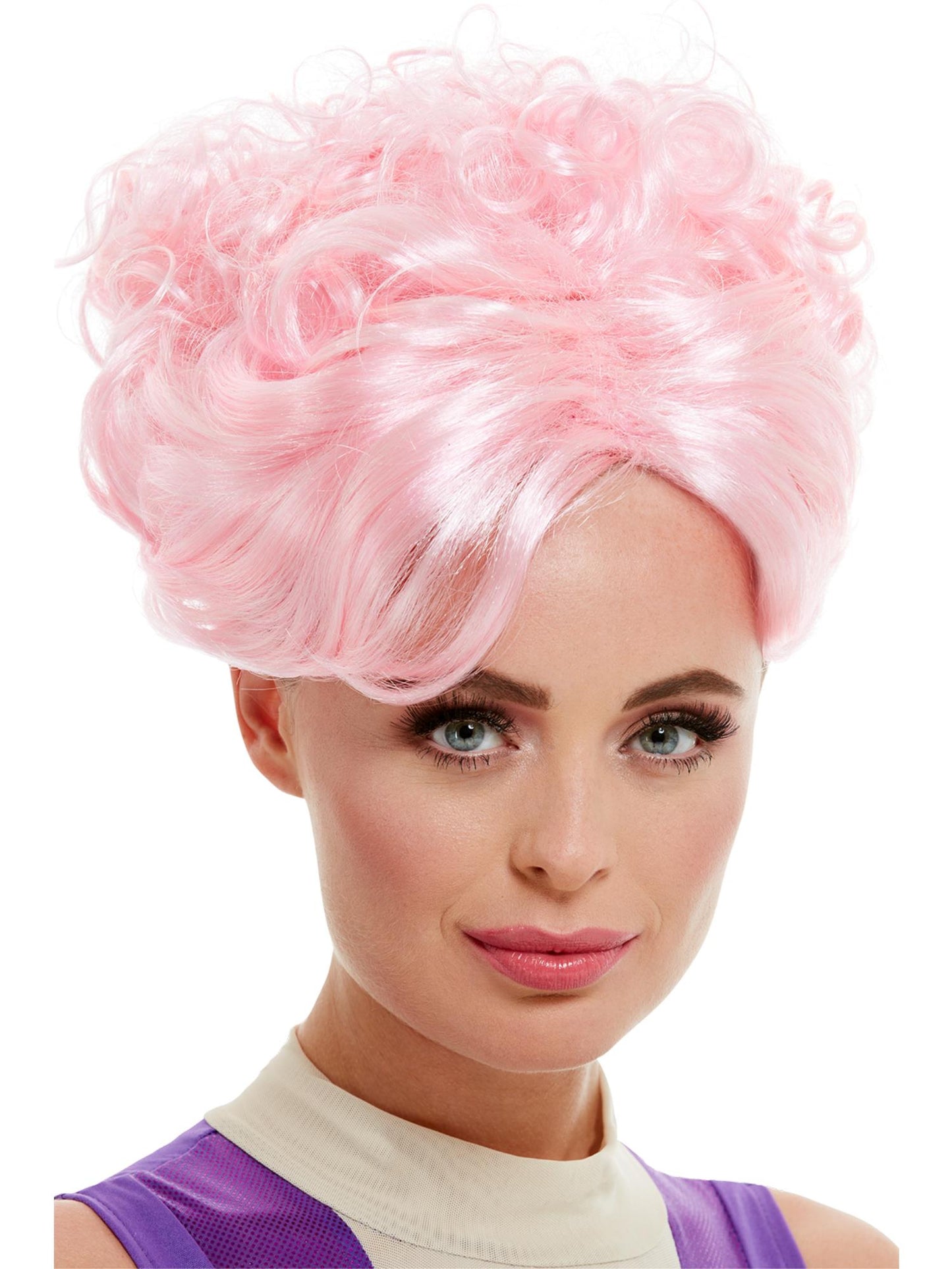 Trapezkünstler-Perücke, Rosa, mit lockiger Vintage-Hochsteckfrisur