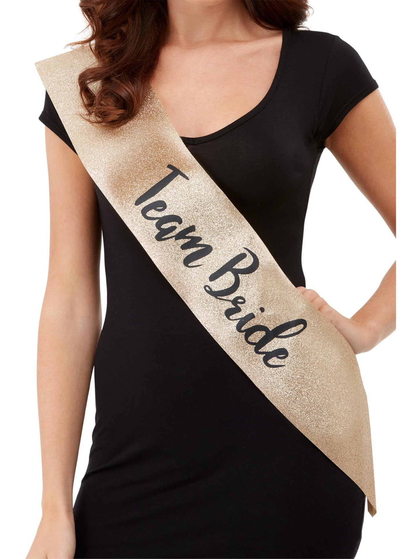 Deluxe Glitzer Schärpe mit Aufschrift Team Bride, Gold & Schwarz