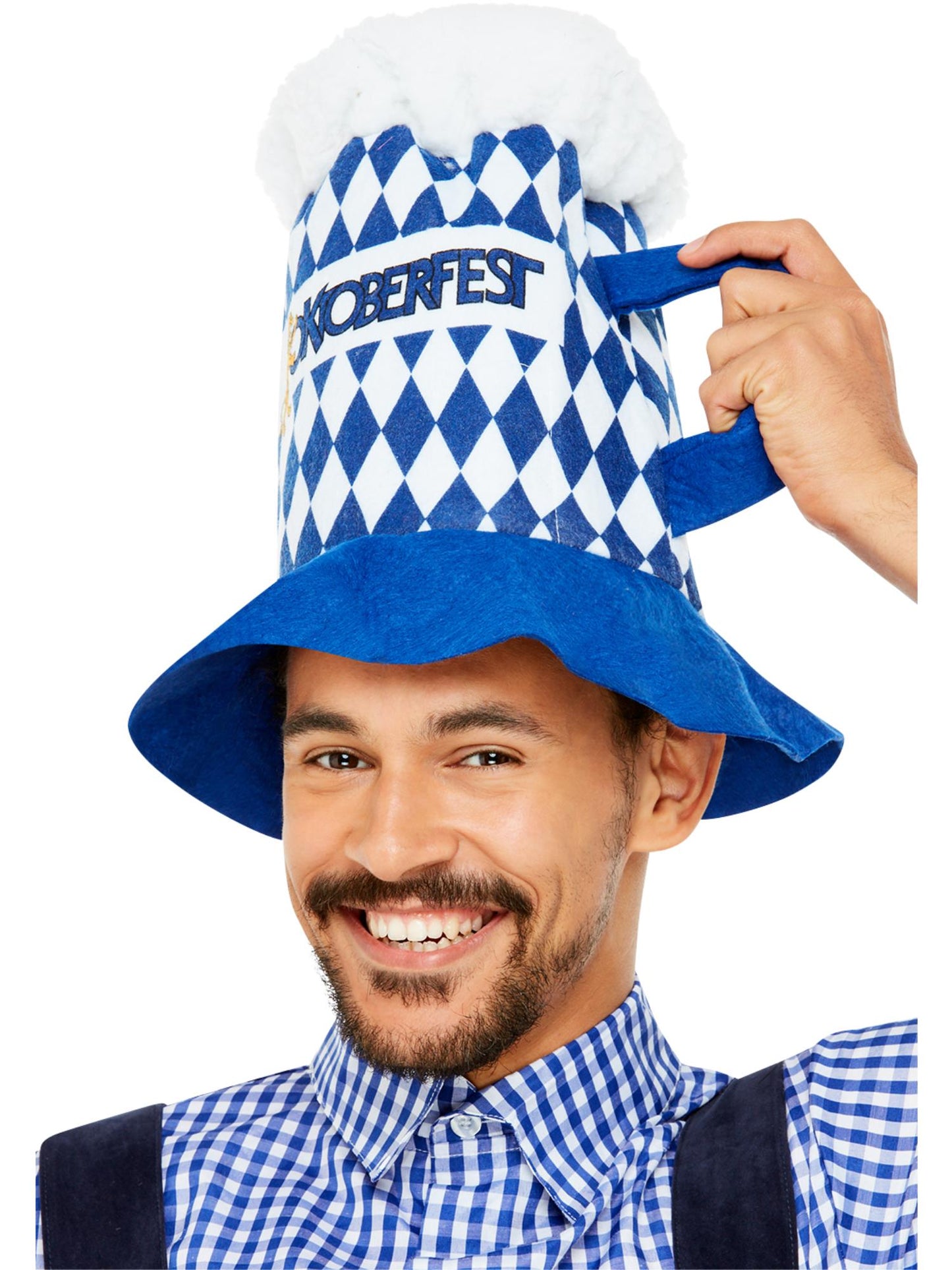 Chapeau à bière à carreaux Fête de la Bière, Bleu et blanc, Poignée