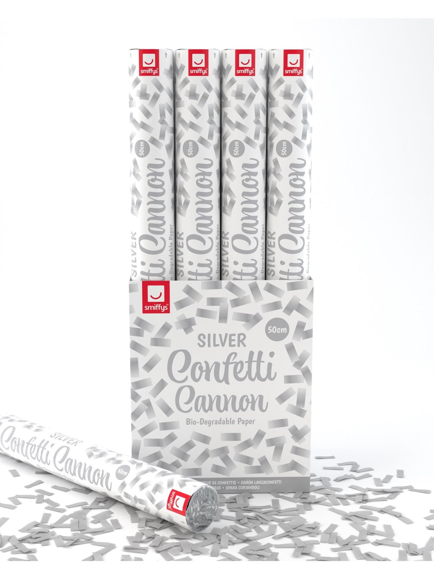 Tireur de confettis 50 cm, argent, Papier biodégradable, paquet de 12