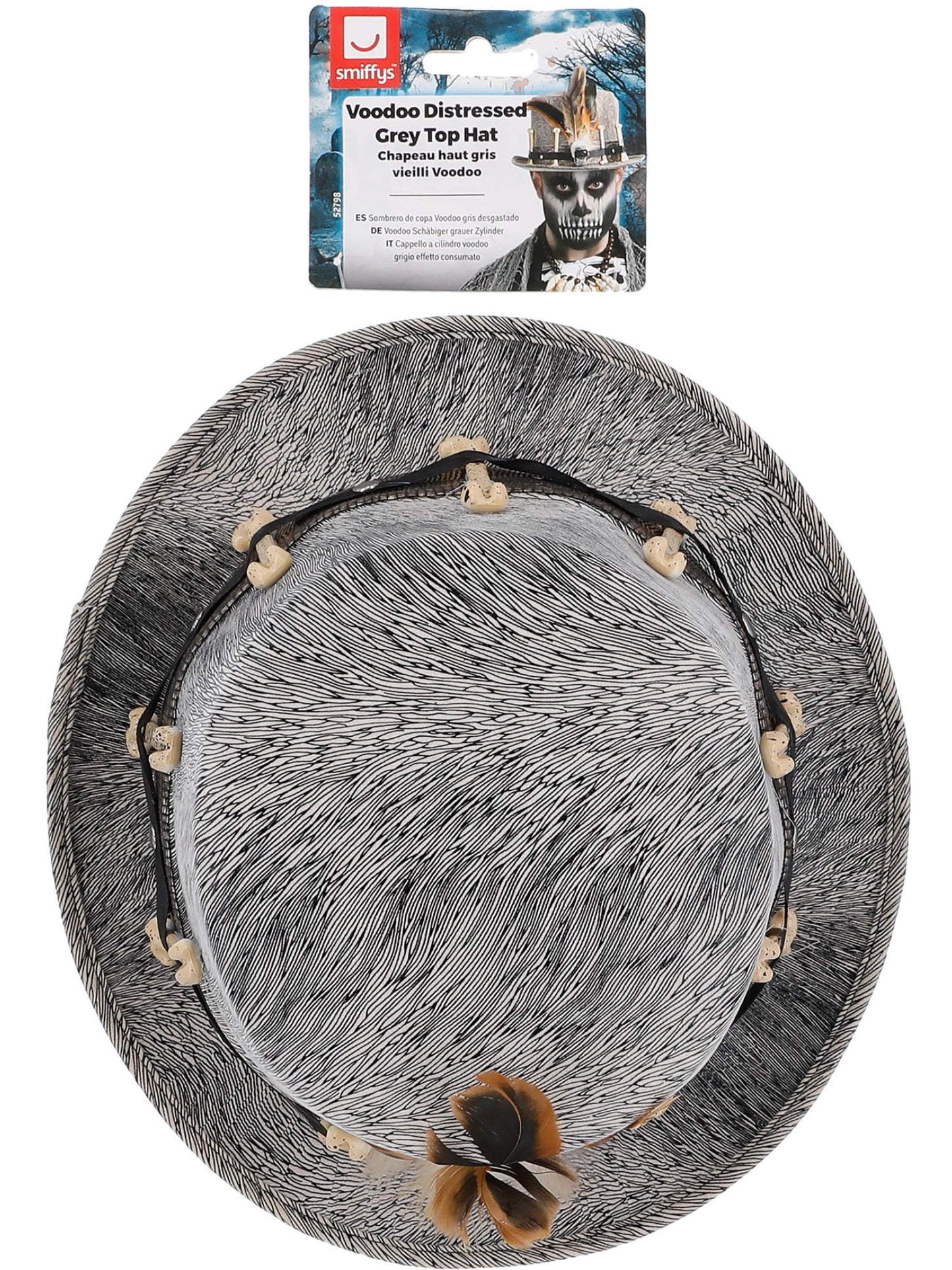 Sombrero de copa Voodoo gris desgastado, con huesos y plumas