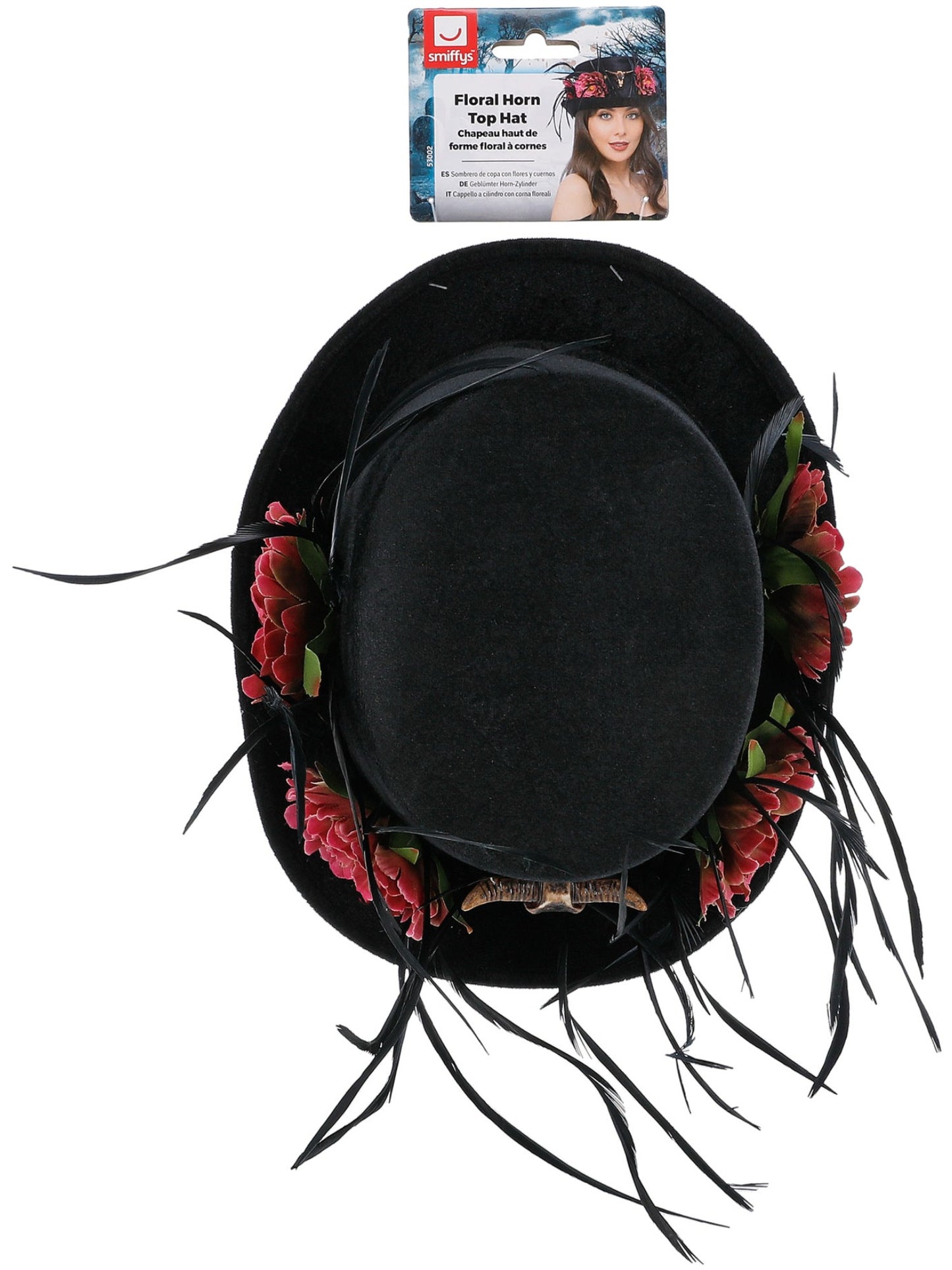 Geblümter Horn-Zylinder, schwarz und rosa, mit Pfingstrosenblüten und Federn