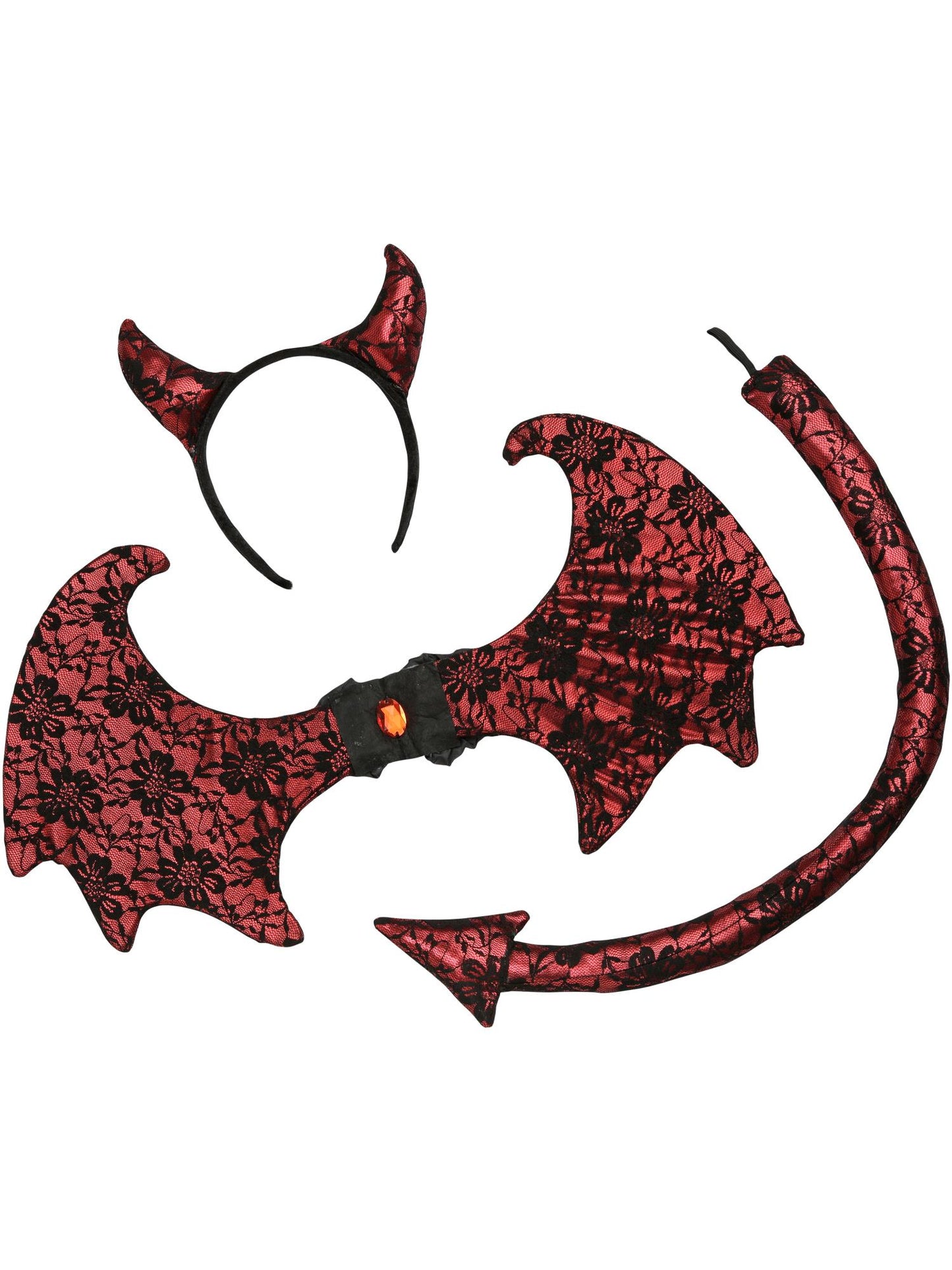 Kit de diablo retro de encaje, negro y rojo, con diadema, alas y cola