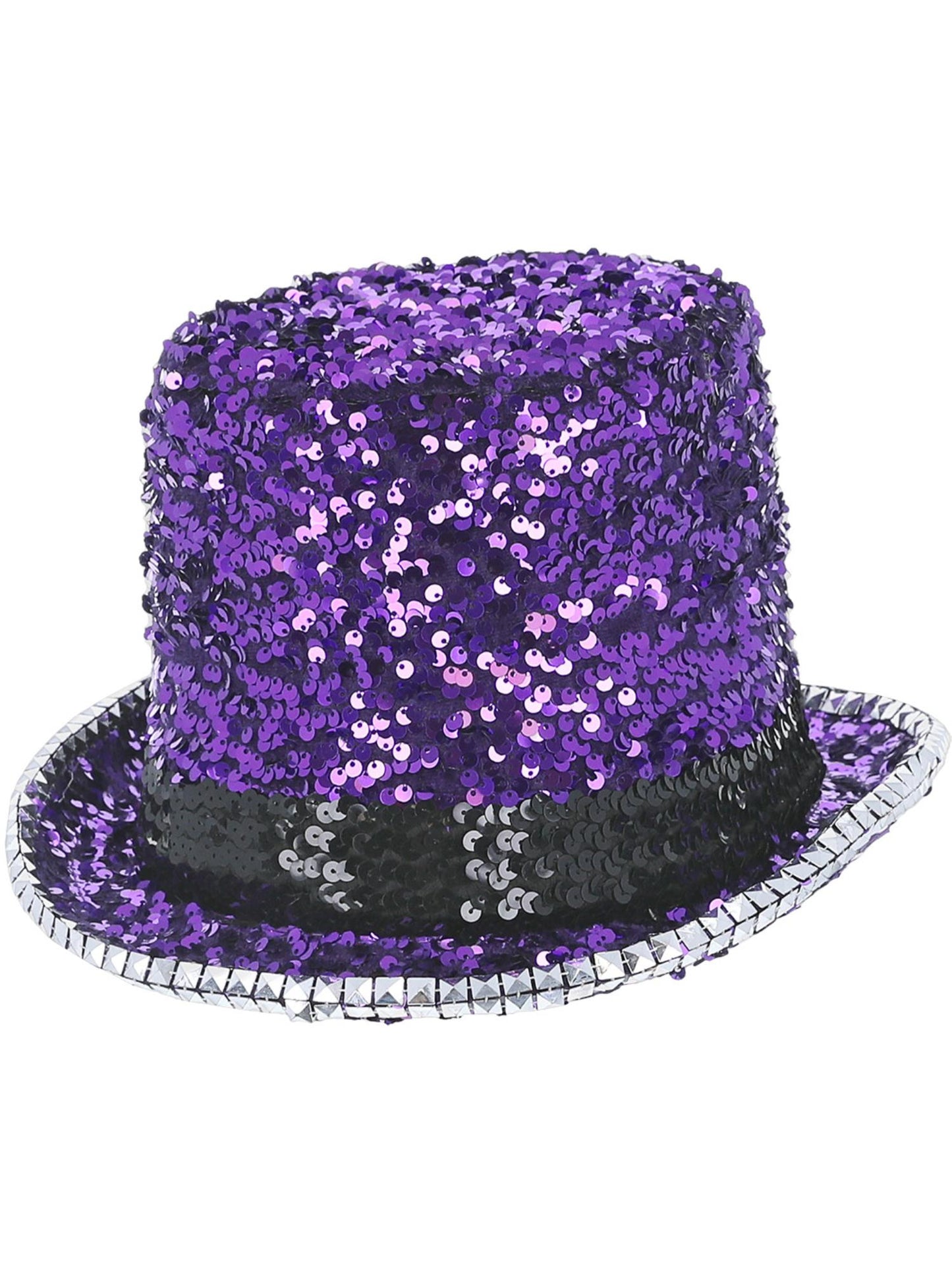 Sombrero de copa Fever Deluxe de fieltro con lentejuelas, morado, Borde interior elástico y ala con lentejuelas