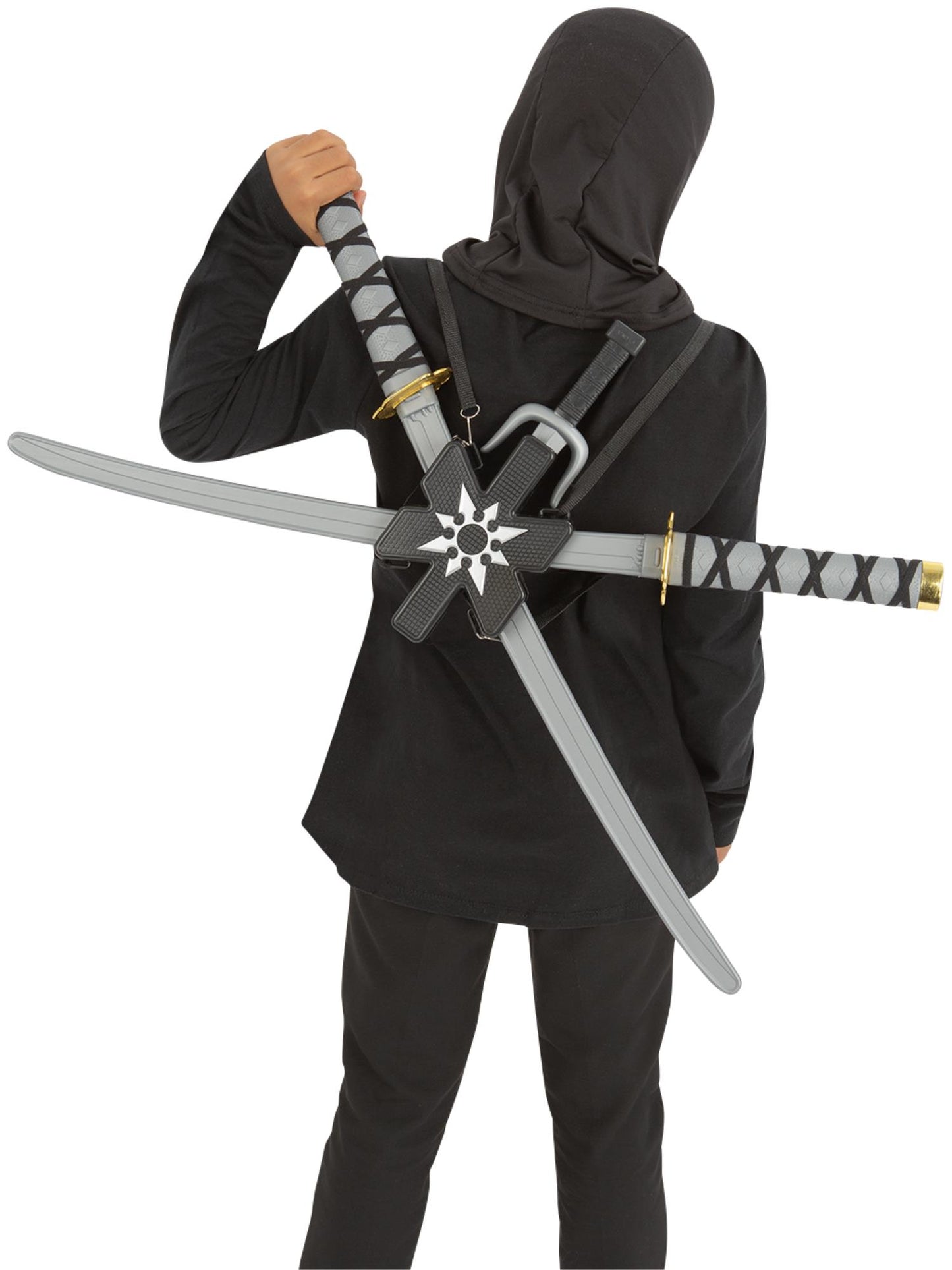 Ninja-Assassin-Rucksack, schwarz, mit 2 Schwertern 72 cm, 2 Dolchen und Stern, geeignet für 14+