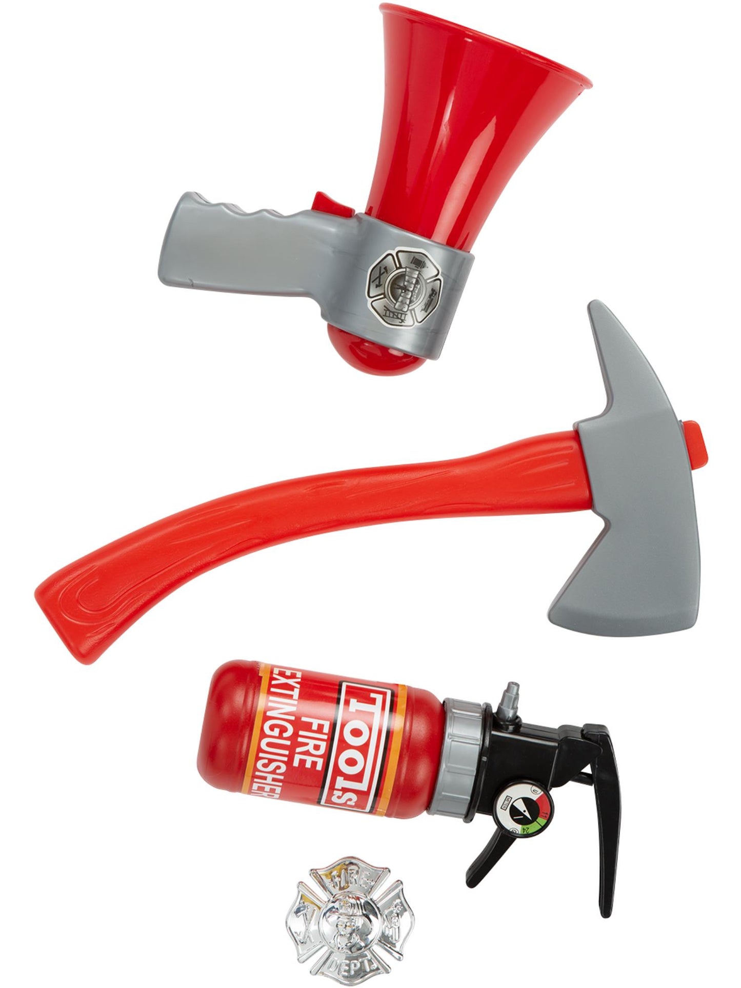 Kit Feuerwehrmann, 4-teilig, rot, Feuerlöscher, Abzeichen, Megaphon und Hammer