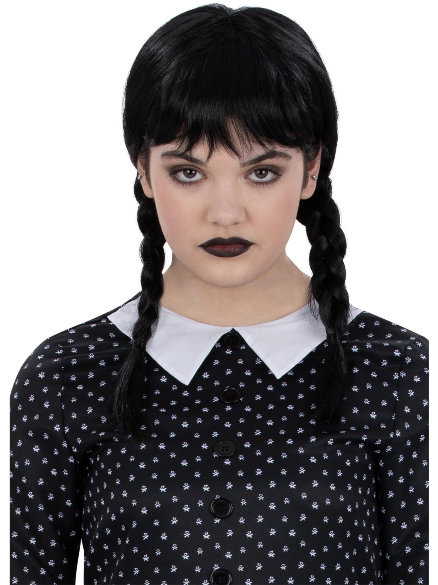 Peluca de colegiala gótica infantil, con trenzas y flequillo
